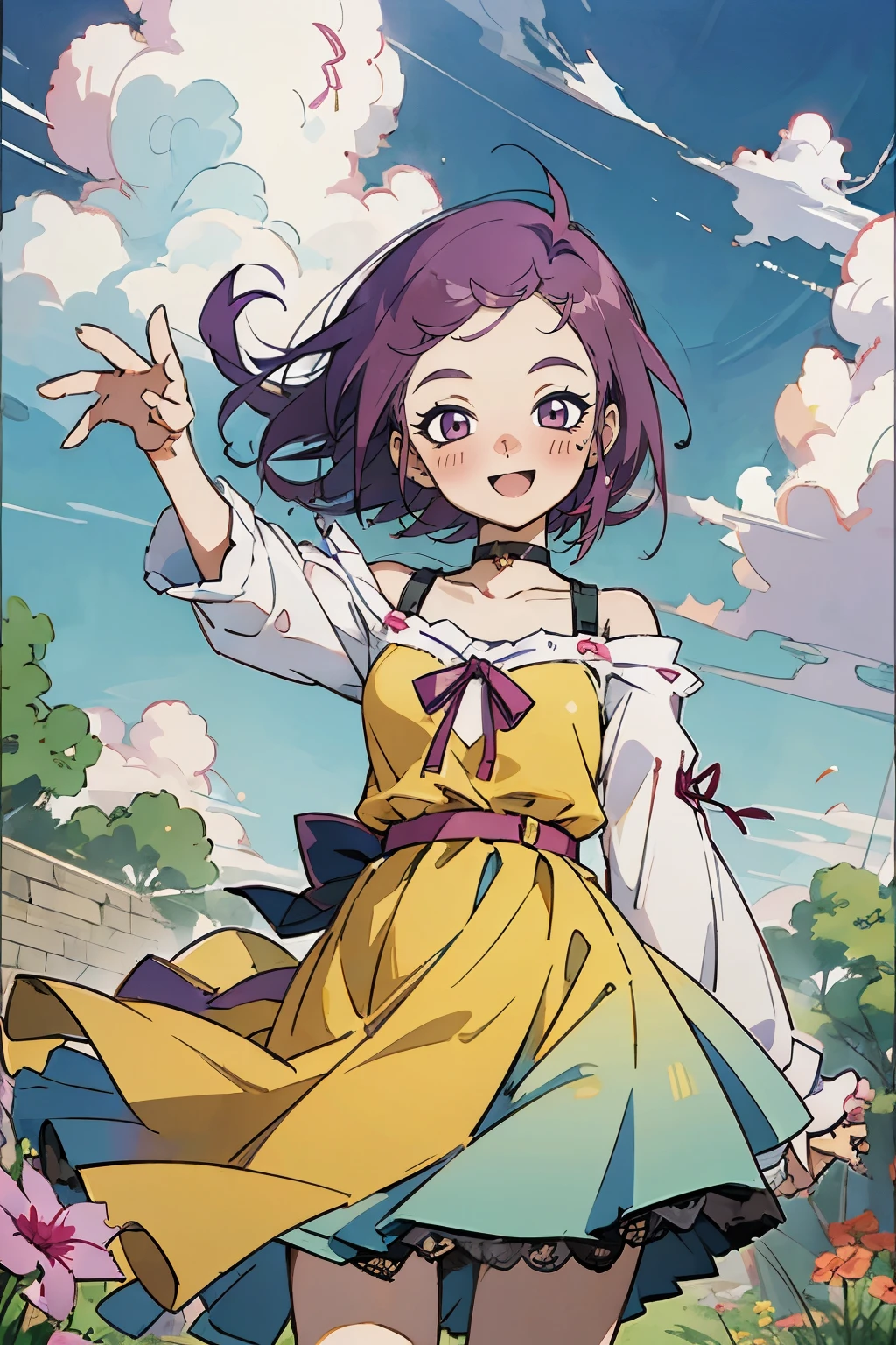 Kisho, jigokuraku, 1 girl, reddish Purple hair, Purple eyes, showa town, Ruins, Bang, Beautiful sky, shining sky, Sunshine, Smiling, Waving, Belts, ribbon choker, Dresses that blow the wind, black Lace dress, wool sweaters, Off-shoulder sleeves