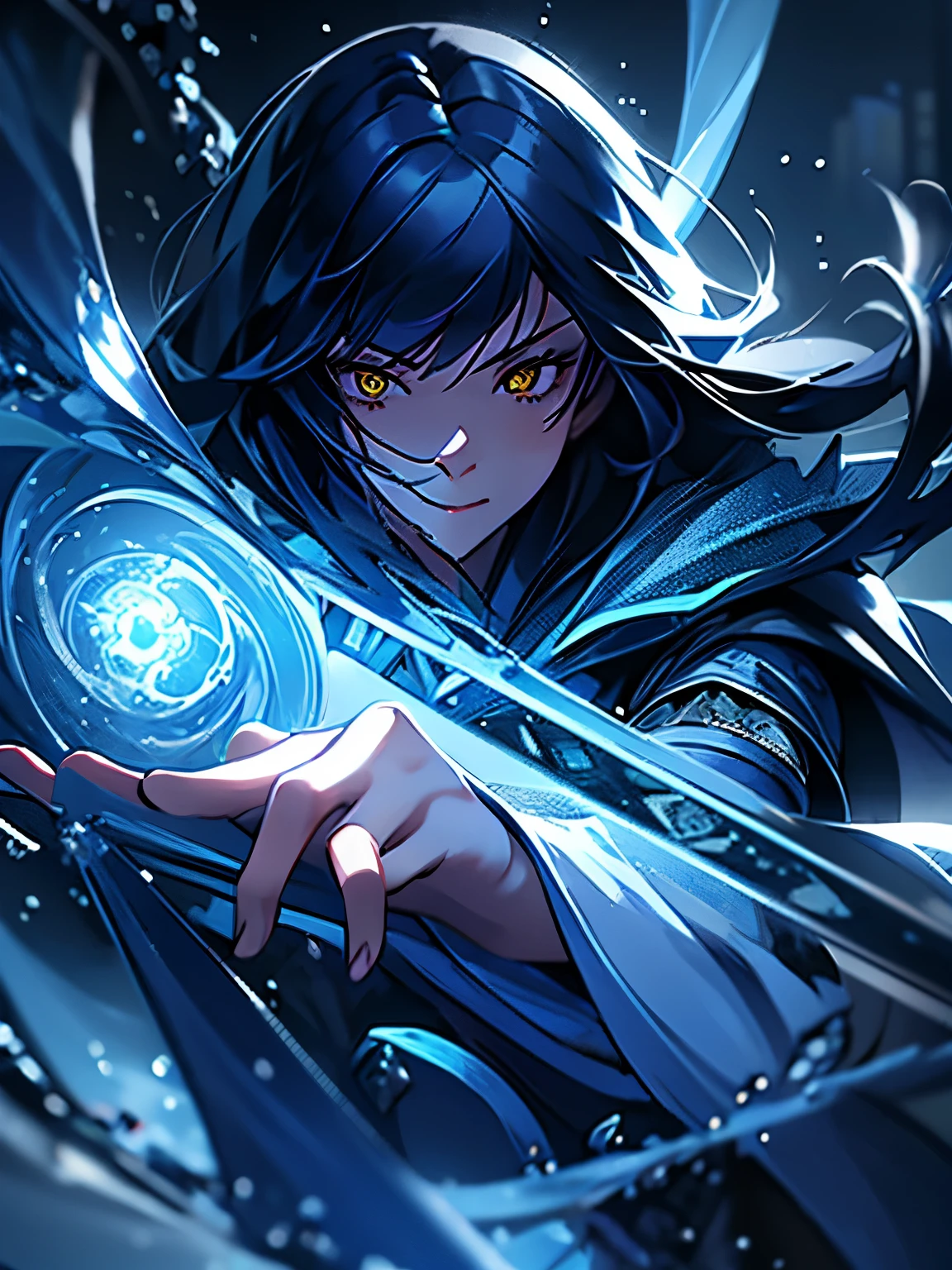 (ultra-detailed, perfect pixel, highres, best quality, beautiful eyes finely detailed), female, long hair, part bangs, dark blue hair, yellow eyes, blue hood, fantasy, motion blur, 8k, super detail, accurate, best quality, Ray tracing.