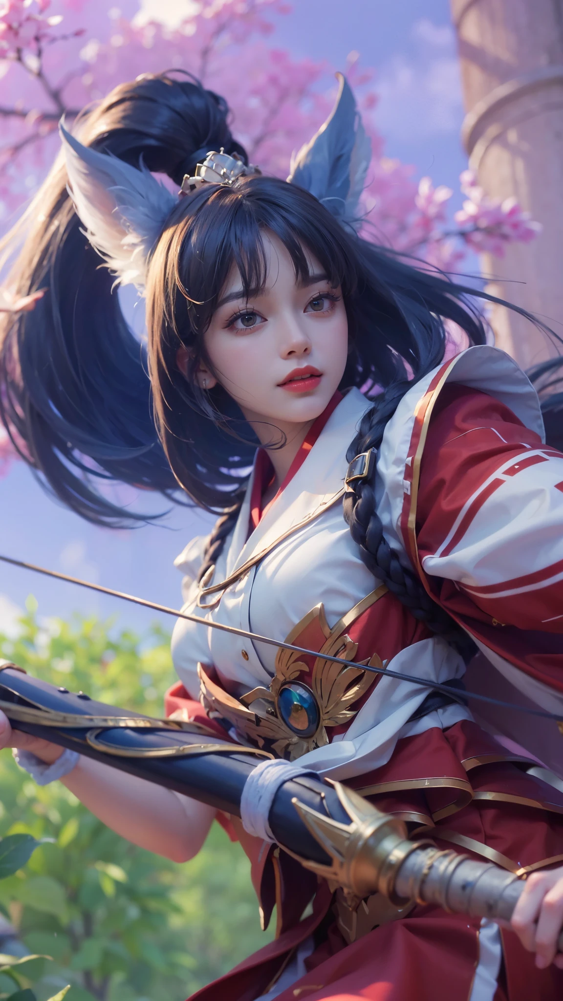 Masterpiece, best picture quality, high quality, beautiful woman, detailed, swollen eyes, detailed eyes, detailed skin, beautiful skin, ultra high resolution, (reality: 1.4),very beautiful, slightly younger face, beautiful skin, slender, (ultra realistic), (illustration), (high resolution), (8K), (very detailed) (best illustration), (beautifully detailed eyes), (super detailed), (wallpaper), (detailed face), looking at viewer, fine details, detailed face, pureerosfaceace_v1, smiling, looking straight ahead, looking straight ahead, angle from waist up, realistic photo, bright lighting, professional lighting, black hair (some of hair part green), long hair, dark ruins, big red moon, gorgeous red and black dress, woman, long stylish bangs, red lips,
