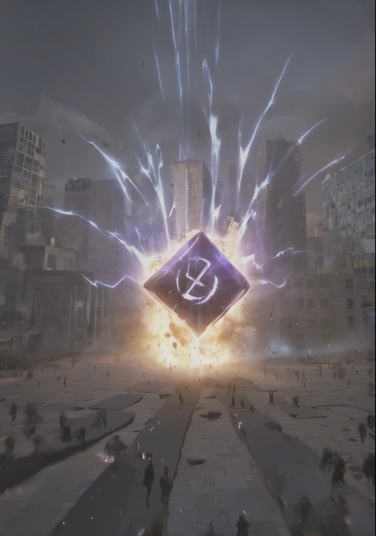 Breathtaking graphics, large scale, perspective from the ground, shooting epic footage a huge magic rune hovered over the city, collapses to the ground with a huge explosion and a shock wave lifting the building and people into the air , Breathtaking landscapes, and impressive lighting effects, that create impressive visual experiences, 