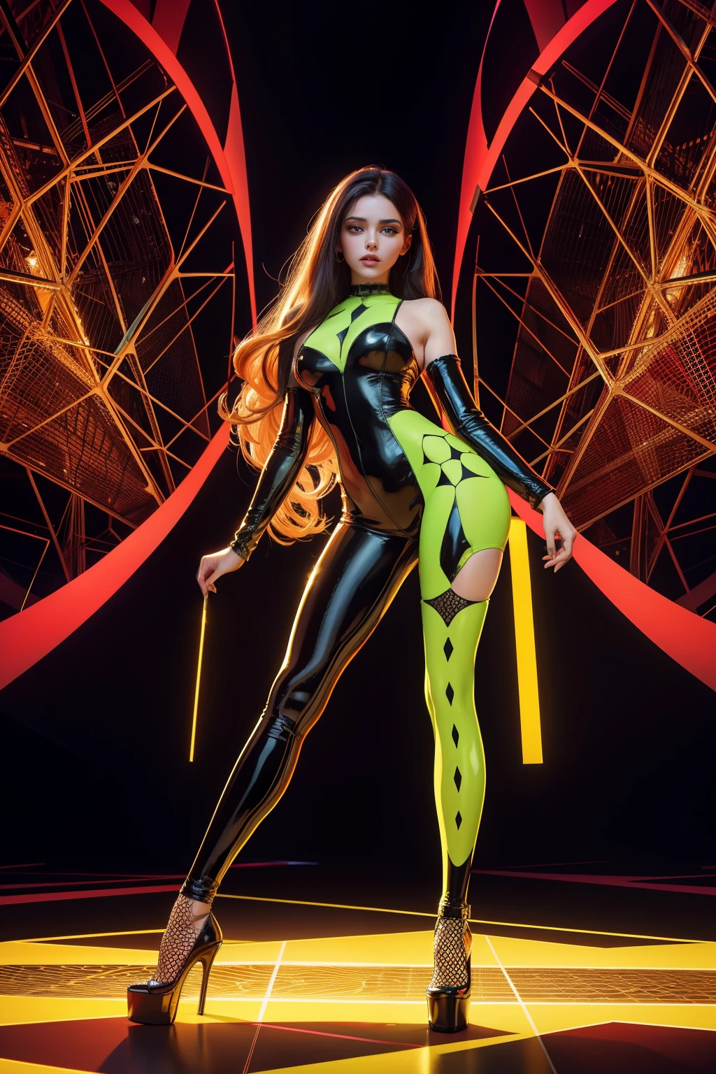 Mulher realista com seios grandes, long hair and wearing a sensual latex outfit and high quality high heels. The image is a masterpiece with stunning details, photographic realism and high contrast. 8k physical rendering delivers exceptional quality, with photon and radiosity mapping for impeccable lighting. A figura da mulher, com um olhar sedutor, is captured in an abstract and psychedelic environment, with neon honeycomb patterns that create a stunning visual effect.