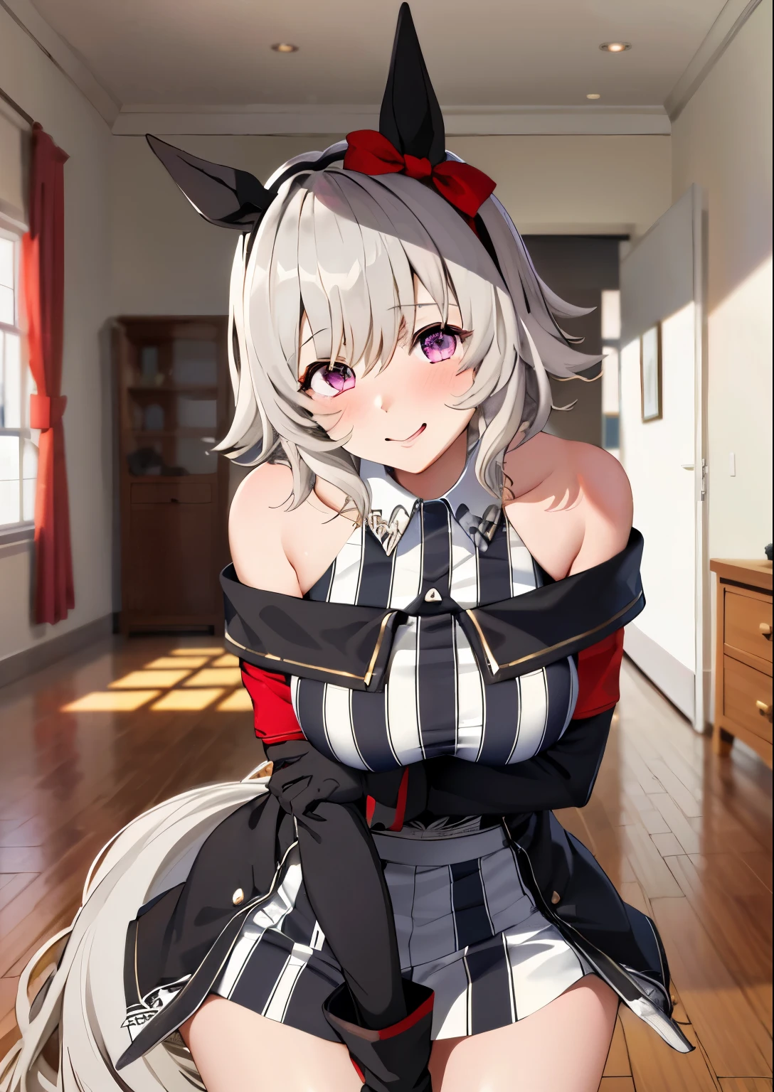 ((top-quality、​masterpiece:1.3))、{{​masterpiece}}、illustratio、top-quality、white  hair、
Karen-chan \(Umamusume\), A smile, Park,Racing Wear、Bewitching smile:1.4、red blush、Shy look:1.4、blush all over the face（embarrassed from）、frustration:1.4、rape face、upward-eyed、blush around the nose、Kamimei:1.4、
vertical-striped dress、Black and white dress、bare shoulders​、off shoulders、long-sleeve、Dresses with collar、gloves、knee sox、dynamicposes:1.4、knee sox、solo、inside in room