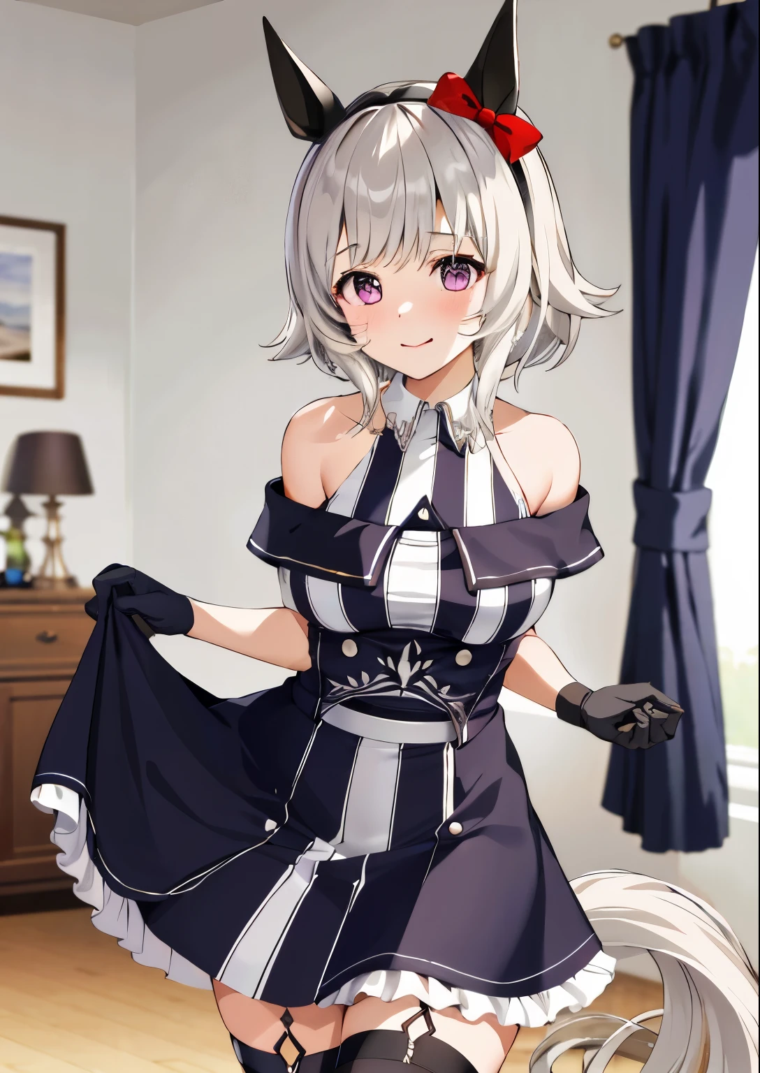 ((top-quality、​masterpiece:1.3))、{{​masterpiece}}、illustratio、top-quality、white  hair、
Karen-chan \(Umamusume\), A smile, Park,Racing Wear、skirt lifting、red blush、Shy look:1.4、blush all over the face（embarrassed from）、frustration:1.4、rape face、upward-eyed、blush around the nose、Kamimei:1.4、
vertical-striped dress、Black and white dress、bare shoulders​、off shoulders、panties、Dresses with collar、gloves、knee sox、dynamicposes:1.4、knee sox、solo、inside in room