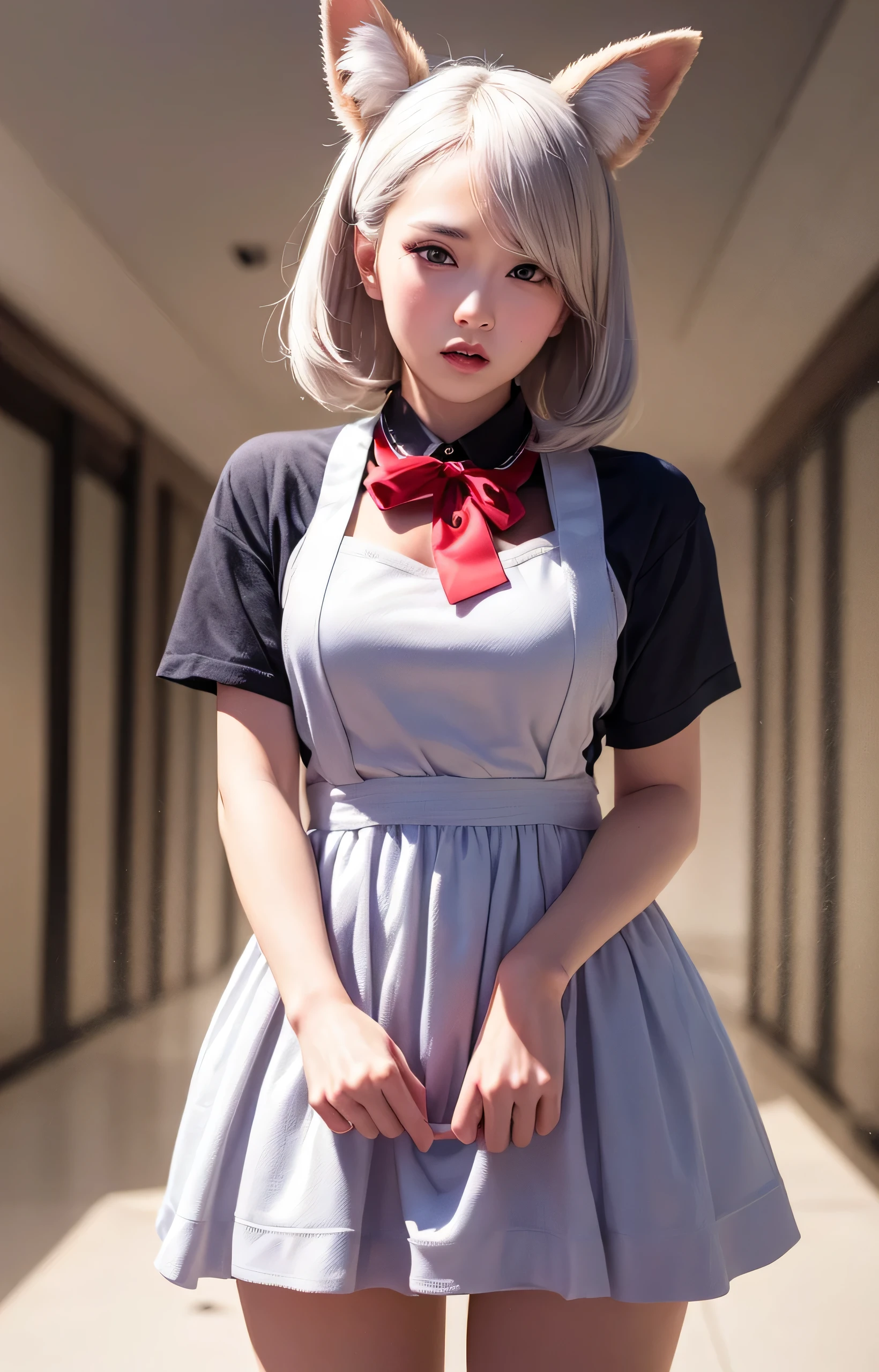 masterpiece,best image quality,High resolution,4K image,RAW photo,Photoreal,{alone},(Panty Shot 1.3),(clothes lift 1.3),teenage girl,looking at the viewer,silver hair,very short hair,look at each other,blue eyes,,silver fox ears,skirt lift,fox tail,,troubled face,,boyish,maid服,apron dress,frills,lift skirt,
maid,
pantyess