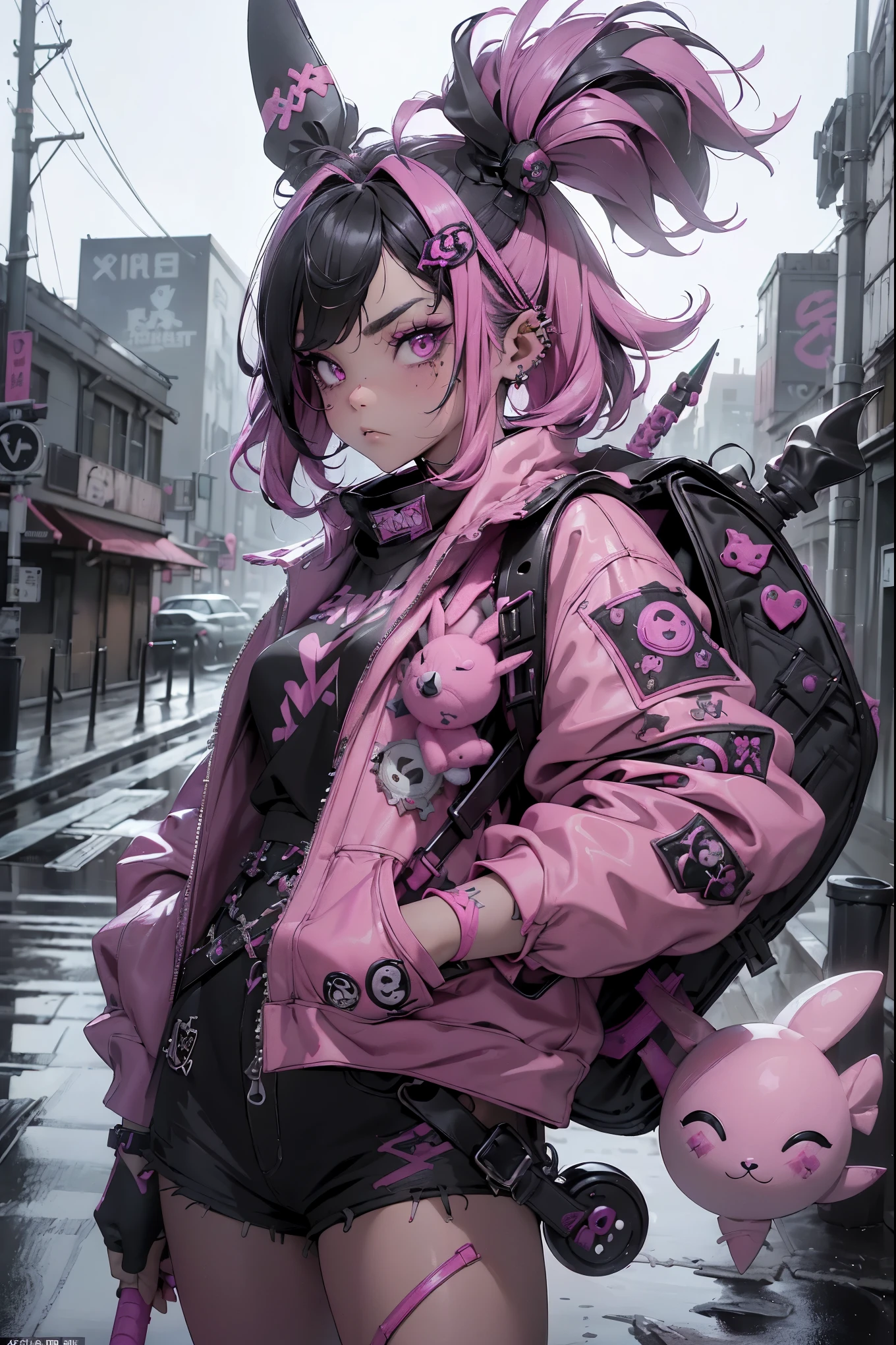 (highest quality、8k、32K、masterpiece、nffsw:1.3)、(Photoreal:1.4),(shoot from front,looking at viewer:1.5)、((18-year-old punk girl,eccentric punk hair:1.3)),((pink and black punk fashion:1.5)),(rabbit stuffed animal:1.5)clothes with studs、((holding a bloody bat in his right hand:1.5))、((black backpack on the back))、(bright black and pink hair:1.5),Wacky makeup、、dark background、Desolate city in the rain、puddle on the road、(cinematic lighting)、Depth of the bounds written,blurred background、