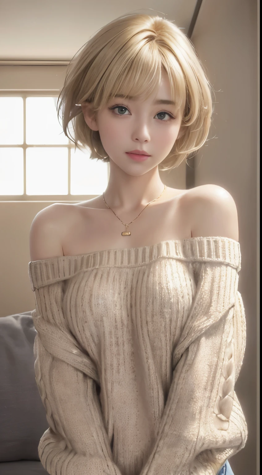 (8k、Photoreal、Raw photo、highest quality: 1.4)、(1 girl)、beautiful face、(lifelike face)、(light beige mixed hair、short hair:1.3)、(Big :1.5)、(short off shoulder sweater:1.5)、 It's sticking out、I can see your panties、((obscene))、necklace、(whole body:1.5)、realistic eyes、beautiful details、(real looking skin)、beautiful skin、absurd、attractive、超A high resolution、surreal、high detail、golden ratio