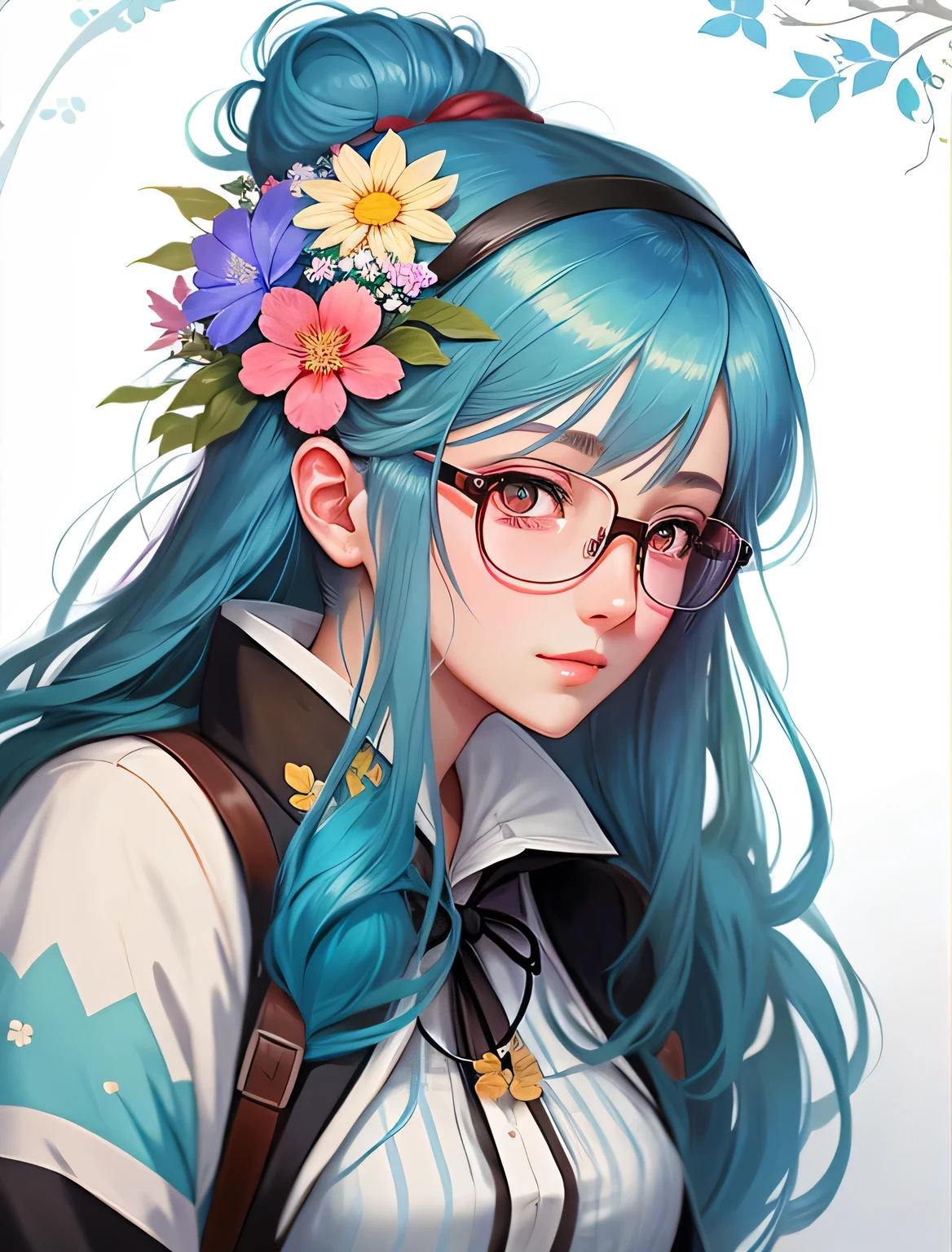 anime girl with blue hair and glasses with flowers in her hair, detailed digital anime art, anime styled digital art, digital anime illustration, beautiful anime art style, digital art on pixiv, anime style portrait, beautiful anime portrait, anime style 4 k, anime girl with teal hair, digital anime art, anime style illustration, anime art style, kawaii realistic portrait,drawing of a woman with blue hair and glasses with flowers in her hair, 2 d anime style, decora inspired illustrations, inspired by Yumihiko Amano, anime girl with teal hair, anime style portrait, beautiful anime art style, portrait of jinx from arcane, manga art style, anime style illustration, anime art style, anime style art, anime styled, beautiful line art, detailed manga style, extremely fine ink lineart, black and white manga style, black and white line art, ink manga drawing, intense line art, pencil and ink manga drawing, intense black line art, in style of manga, exquisite line art, perfect lineart,exquisite line art, exquisite digital illustration, detailed digital drawing, black and white coloring, digital anime illustration, a beautiful artwork illustration, detailed matte fantasy portrait, beautiful line art, great digital art with details, goddess. extremely high detail, 4k detailed digital art, stunning digital illustration
