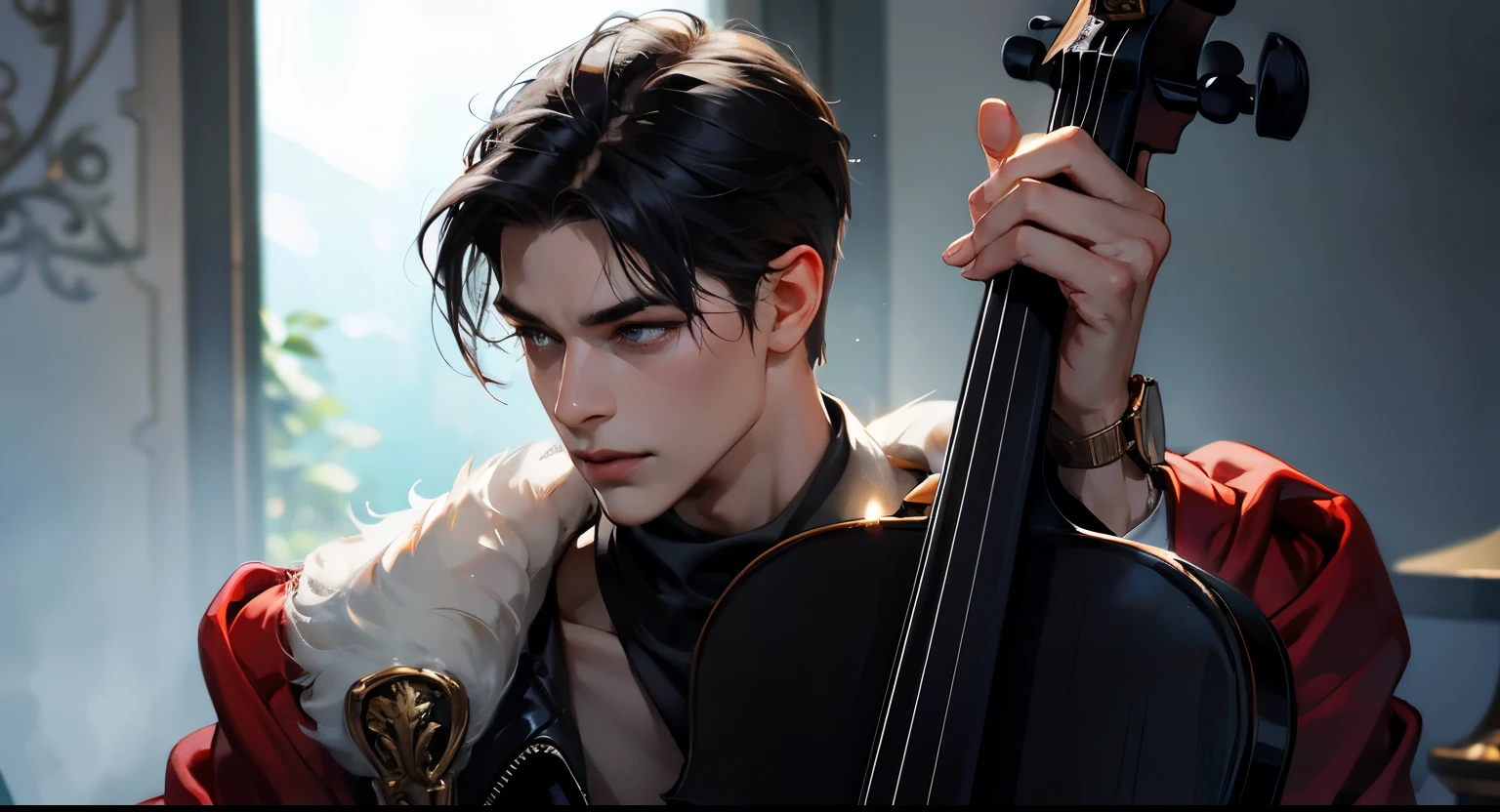 a man with chiseled face, closer and side portrait, playing a cello, black short hair, close up, Final Fantasy, handsome man, androgynous, delicate details