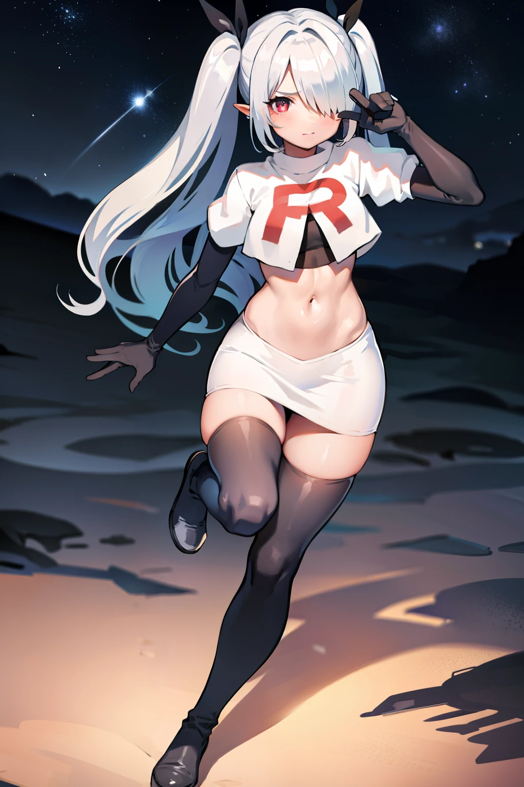 (masterpiece), 1girl, hair over one eye,magical world, shiny steps, beautiful sky, stars, jupiter, ioridef, team rocket,team rocket uniform,white skirt,crop top,black thigh-highs,black elbow gloves,