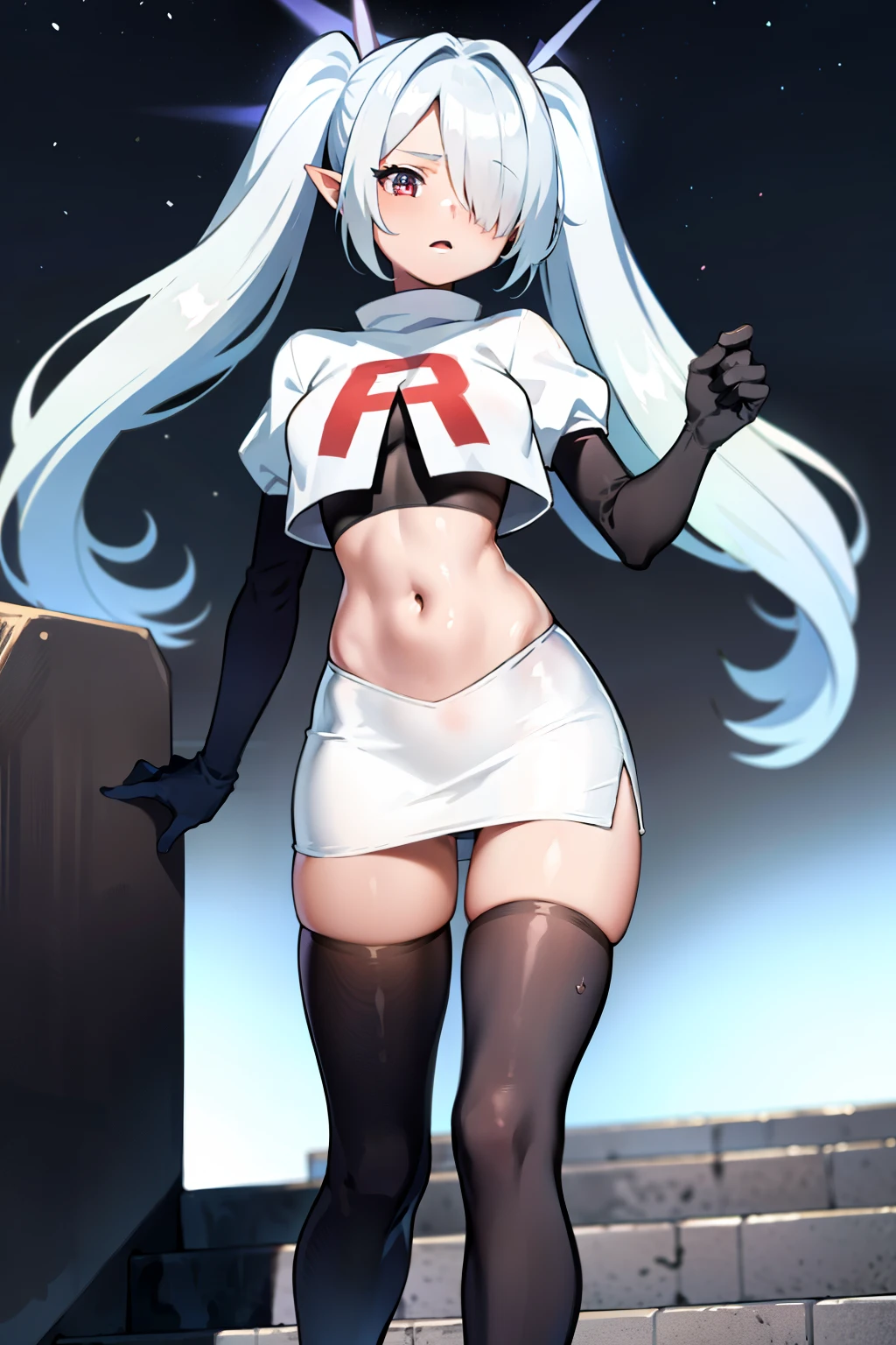 (masterpiece), 1girl, hair over one eye,magical world, shiny steps, beautiful sky, stars, jupiter, ioridef, team rocket,team rocket uniform,white skirt,crop top,black thigh-highs,black elbow gloves,