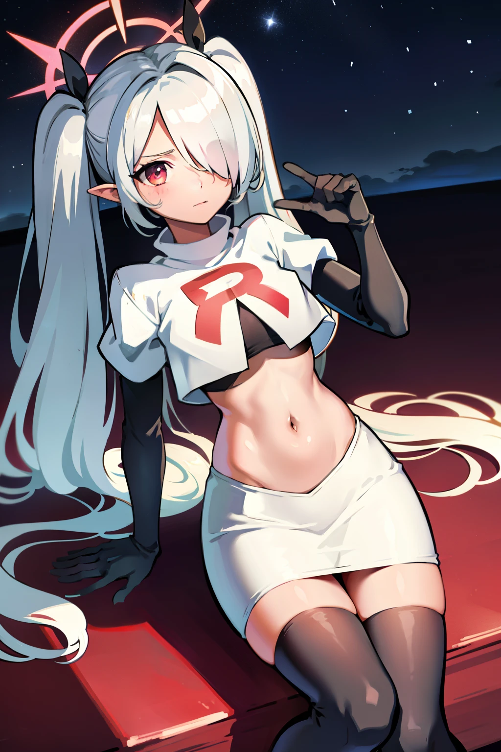 (masterpiece), 1girl, hair over one eye,magical world, shiny steps, beautiful sky, stars, jupiter, ioridef, team rocket,team rocket uniform,white skirt,crop top,black thigh-highs,black elbow gloves,