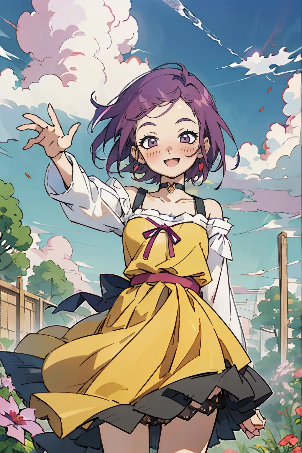 Kisho, jigokuraku, 1 girl, reddish Purple hair, Purple eyes, showa town, Ruins, Bang, Beautiful sky, shining sky, Sunshine, Smiling, Waving, Belts, ribbon choker, Dresses that blow the wind, black Lace dress, wool sweaters, Off-shoulder sleeves