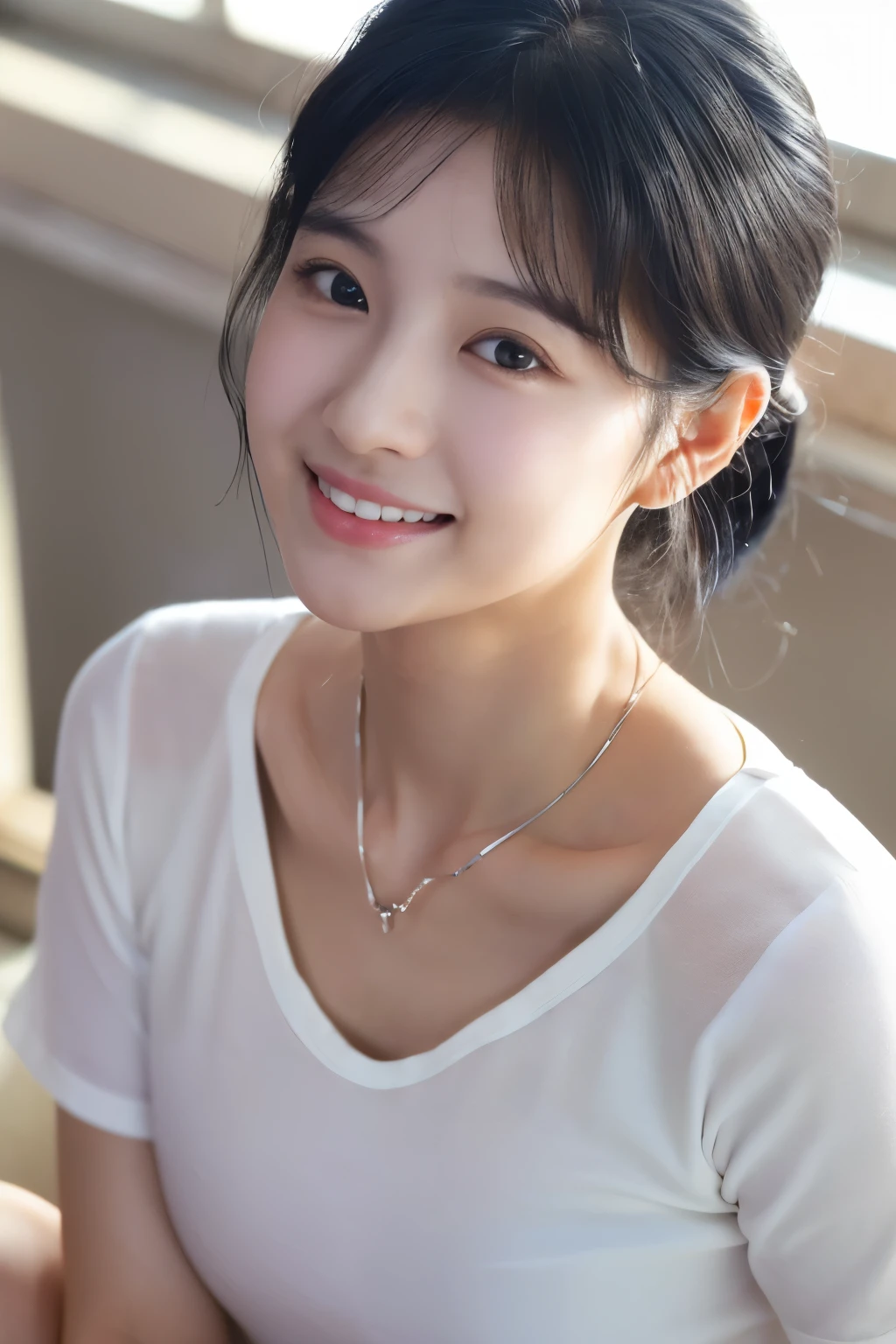masterpiece:1.3)、(8k、photo-realistic、Raw photo、highest quality: 1.4)、Super fine、anatomically correct、rough skin、(1 girl、alone)、（Shooting for one person only）、beautiful features、（realistic face）、korean model(black haired、Center section、length:1.3）、chinese model(black haired、Center section、length:1.3)、There are more Koreans than Chinese、realistic eyes、real looking skin、beautiful details、beautiful skin、魅力的なsmile、smile、ultra high resolution、（surreal）、anatomically correct、rough skin、sharp jaw line、perfect proportions 、（plump bust）、necklace、 realistic light、（selfie）、Natural light、sweaty chest、（tie your hair back）、White V Neck T-Shirt、炎天下でselfie、sweating、shot from above、（A little visible valley）