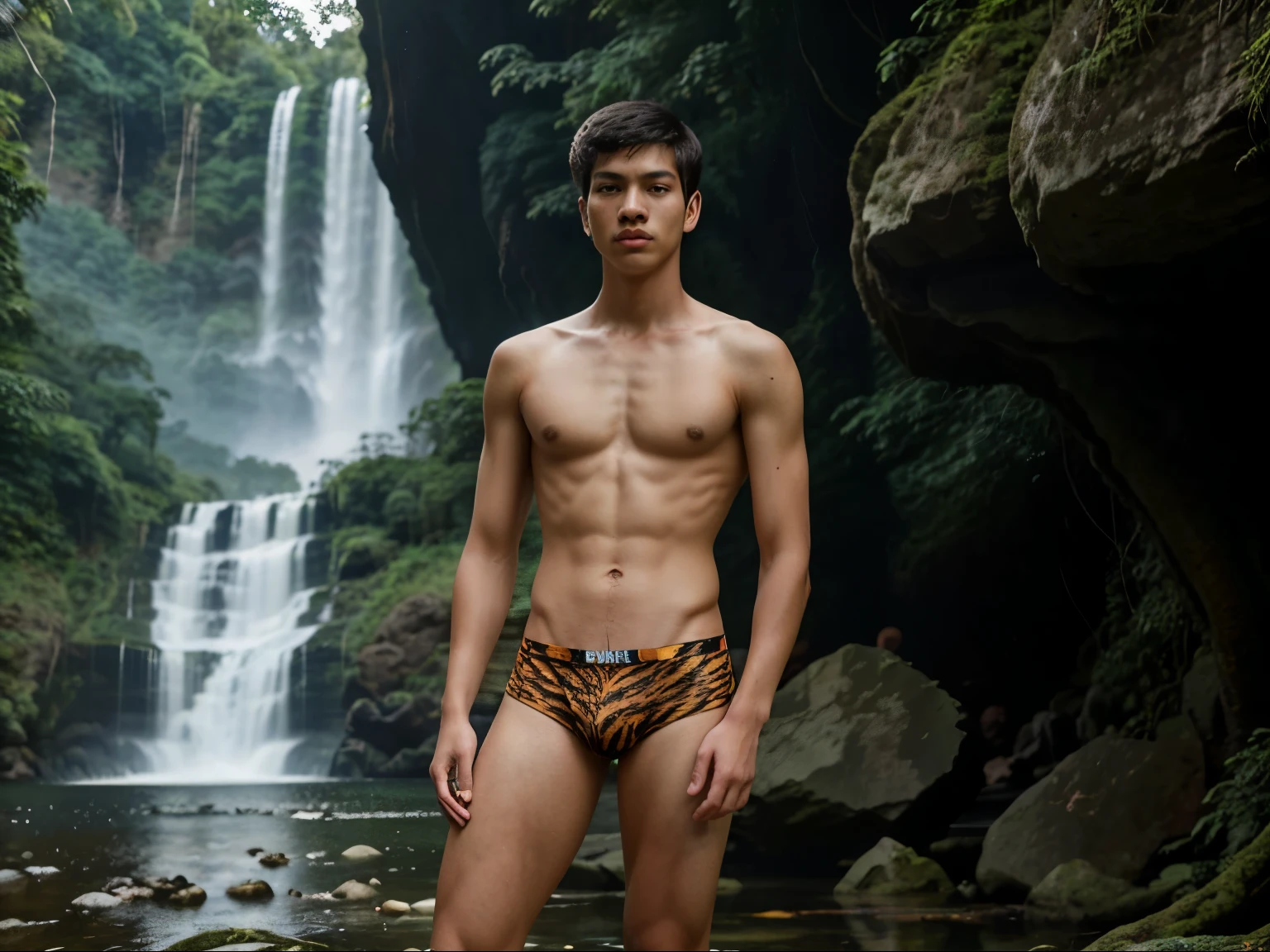  boy ,Thai person, ,handsome, Wear tiger print underwear , Slim figure , Not very muscular , ,No muscles. ,lean skinny, Stand and see the whole thing. , There is a waterfall., There are trees. 