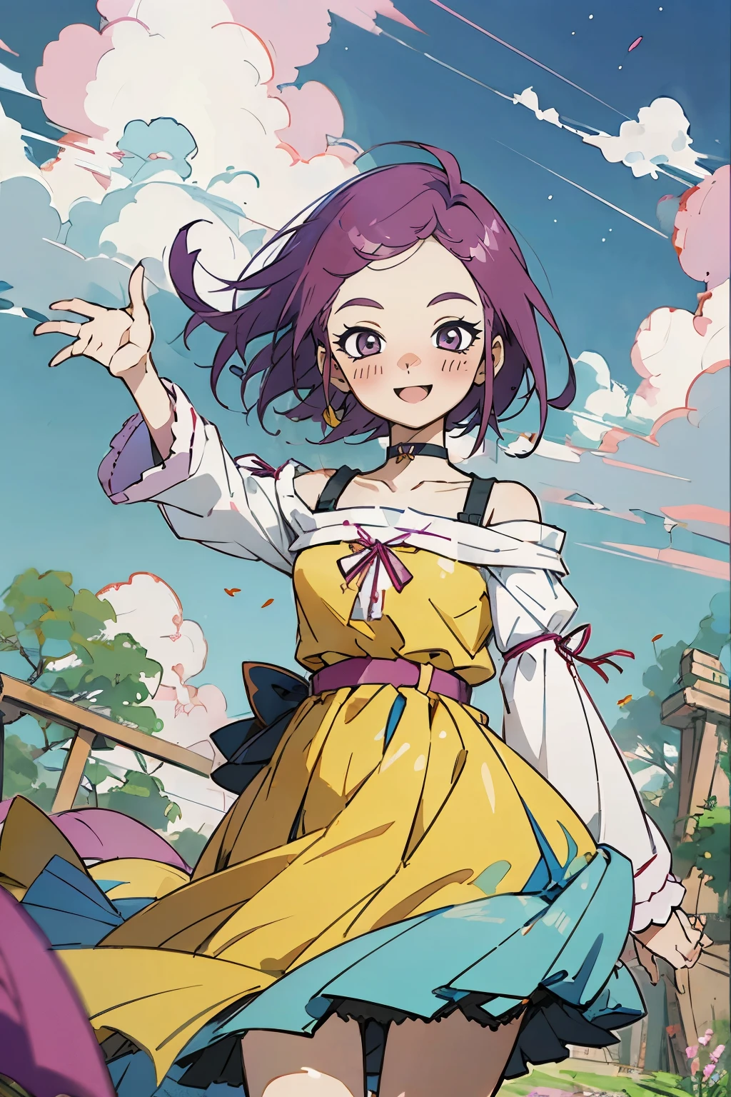 Kisho, jigokuraku, 1 girl, reddish Purple hair, Purple eyes, showa town, Ruins, Bang, Beautiful sky, shining sky, Sunshine, Smiling, Waving, Belts, ribbon choker, Dresses that blow the wind, black Lace dress, wool sweaters, Off-shoulder sleeves