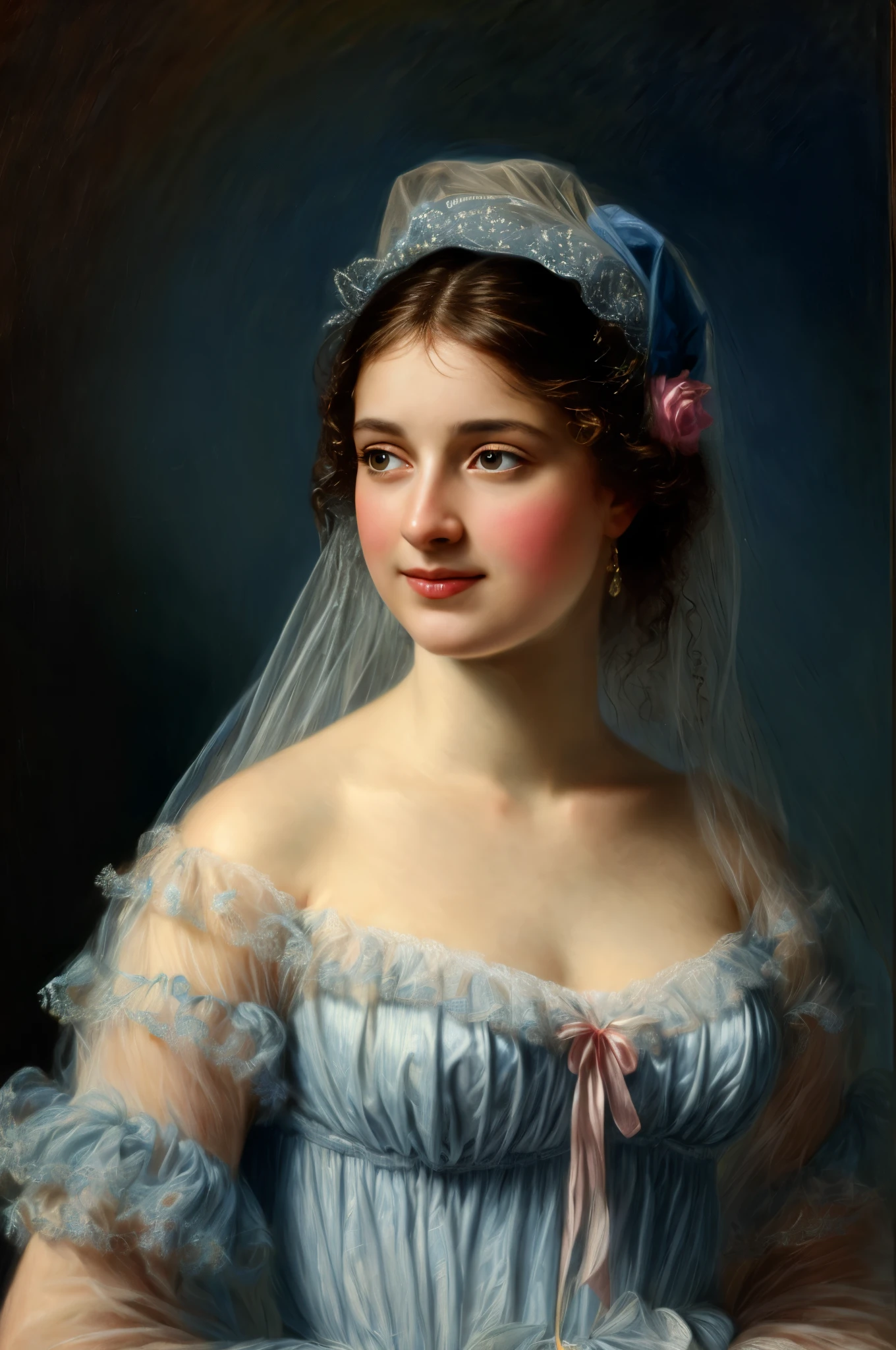 painting of a extremely gorgeous woman in a blue dress and a veil holding a rose, adelaide labille - guiard, inspired by Adélaïde Labille-Guiard, by Adélaïde Labille-Guiard, inspired by Élisabeth Vigée Le Brun, by Élisabeth Vigée Le Brun