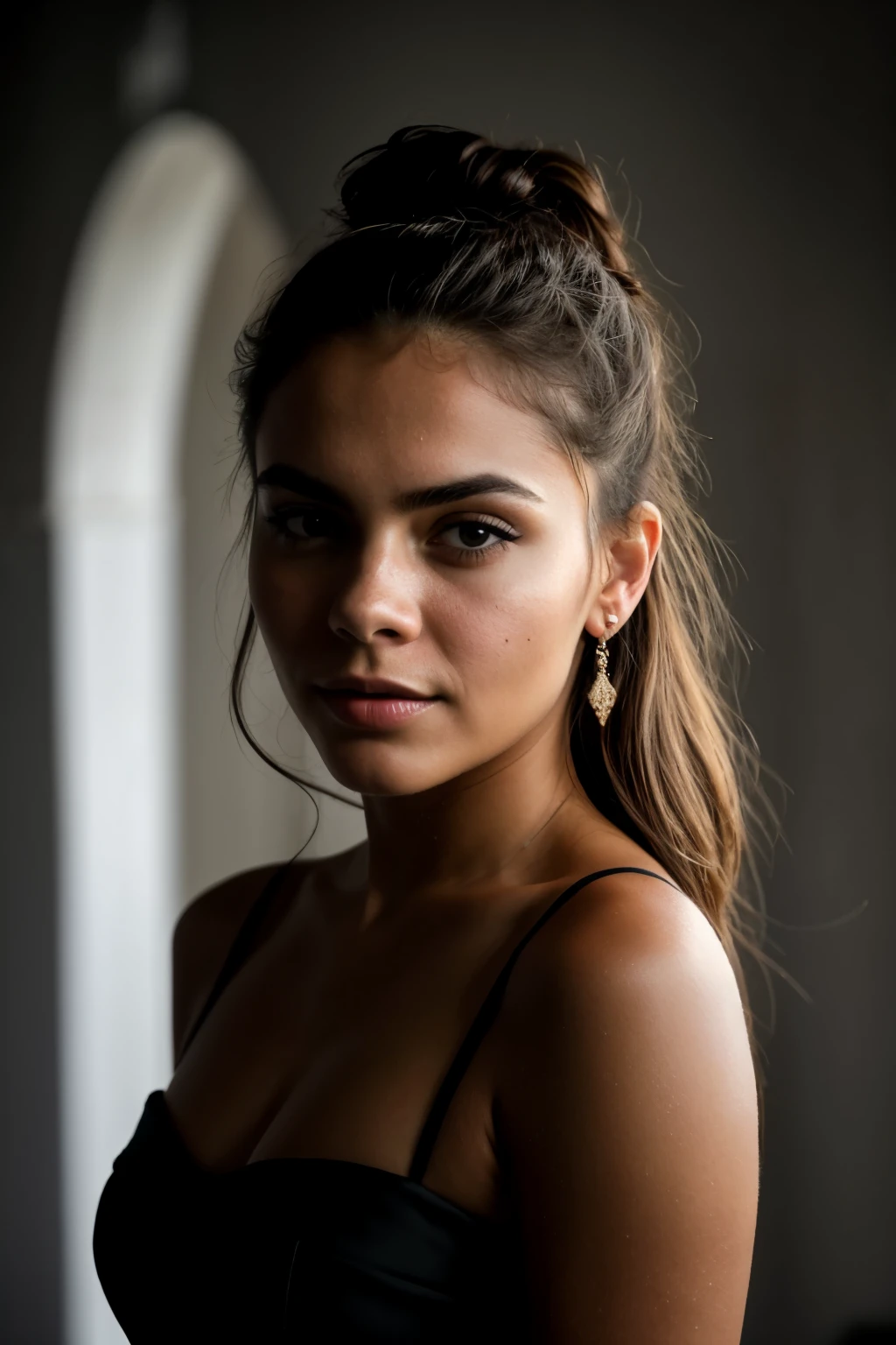 foto cruda, Face portrait photo of beautiful 26 years old..oh mujer, Cara linda, vistiendo un vestido negro, cara feliz, sombras duras, cinematic shot, dramatic lighting, en colombia