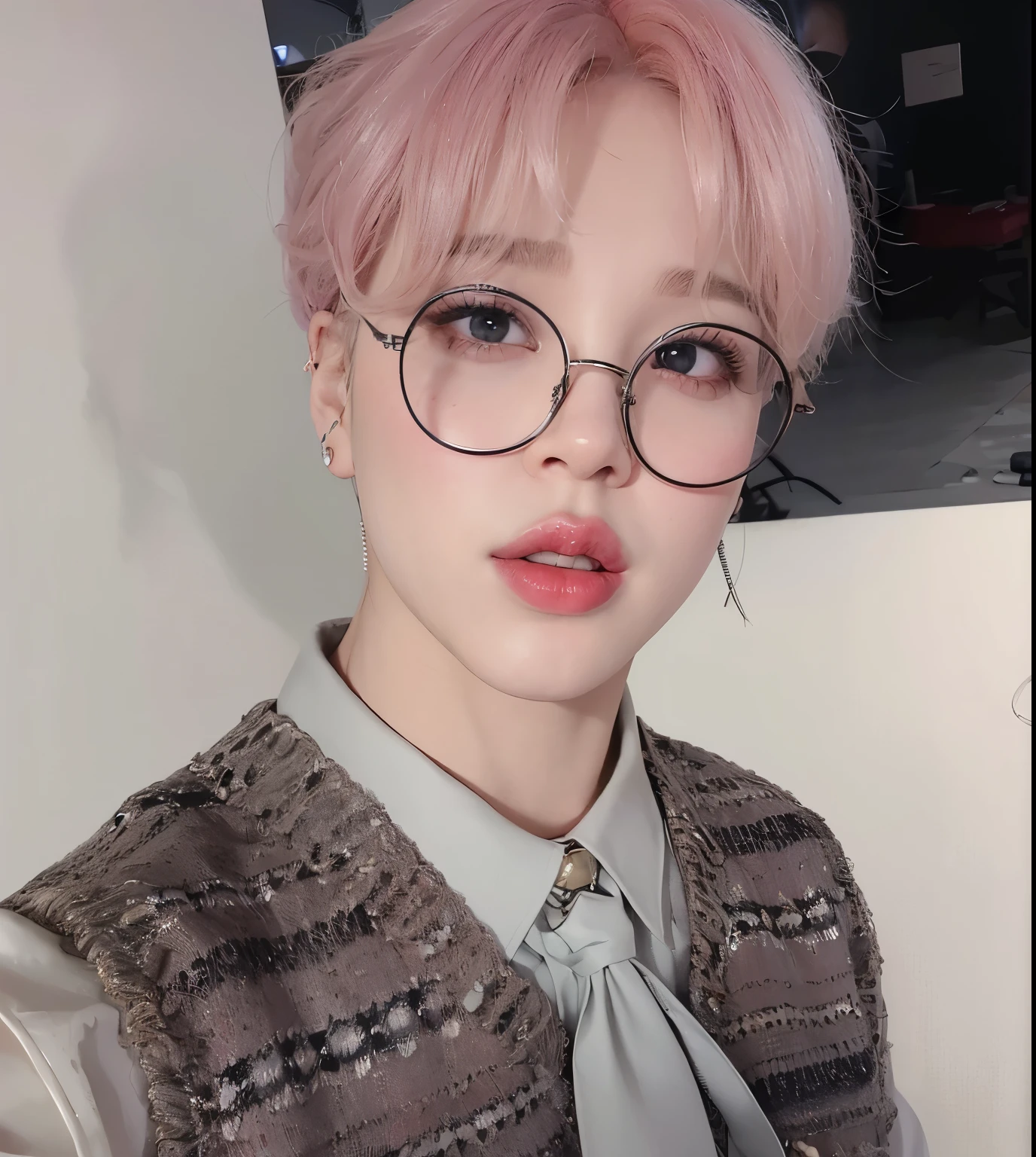  red lipstick, jimin\'s plump lips, jimin, jimin\'s grecian nose, park jimin, accurate jimin face, jimin\'s right eyelid swollen, femenine, adorable Korean face, blonde, starry eyes
