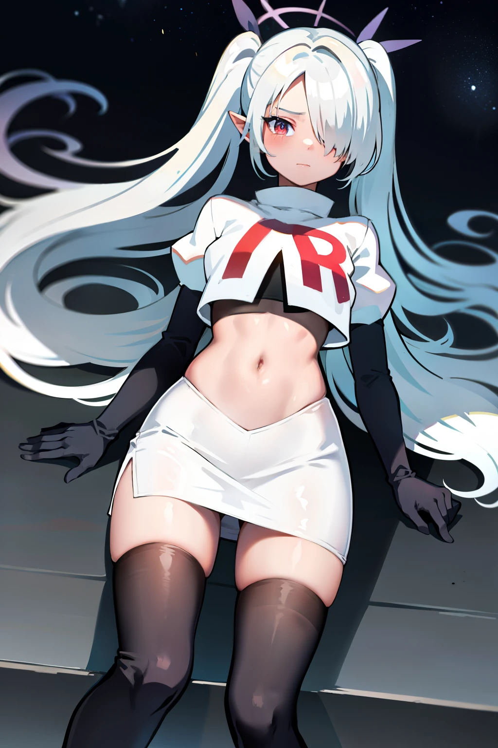 (masterpiece), 1girl, hair over one eye,magical world, shiny steps, beautiful sky, stars, jupiter, ioridef, team rocket,team rocket uniform,white skirt,crop top,black thigh-highs,black elbow gloves,