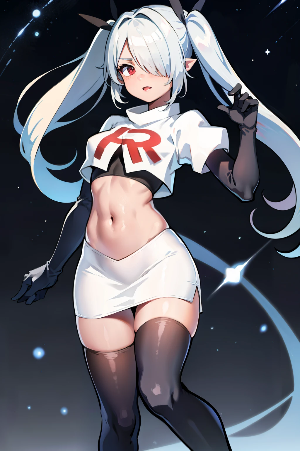 (masterpiece), 1girl, hair over one eye,magical world, shiny steps, beautiful sky, stars, jupiter, ioridef, team rocket,team rocket uniform,white skirt,crop top,black thigh-highs,black elbow gloves,