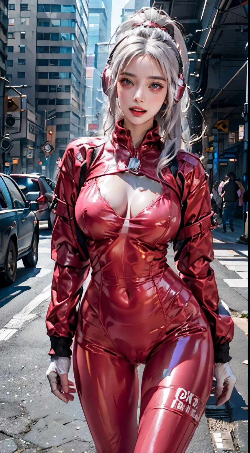 photorealistic, high resolution, 1women, shining skin, solo, jewelry, pink lips, long hair, blue eyes, closed mouth, hips up, animal ear headphones, bangs, blush, bodysuit, breasts, spreading legs, bunny pose, clothes writing, covered navel, cowboy shot, cropped jacket, gloves, ((cameltoe)), ((spreading legs)), (((cyberpunk city streets background))), (motion blur, depth of field), hair intakes, headphones, impossible bodysuit, impossible clothes, jacket, large breasts, latex, latex bodysuit, long hair, long sleeves, looking at viewer, large breasts, multicolored gloves, open mouth, pink bodysuit, pink eyes, red jacket, shiny clothes, shrug \(clothing\), sidelocks, skin tight, smile, thigh gap, thighs, twintails, very long hair, white gloves, white hair,alice \(nikke\),(shiny skin),realistic.