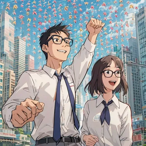 25 year old asian male character，wear glasses，wear white shirt, 20 year old asian female character wearing suit, stand together,...