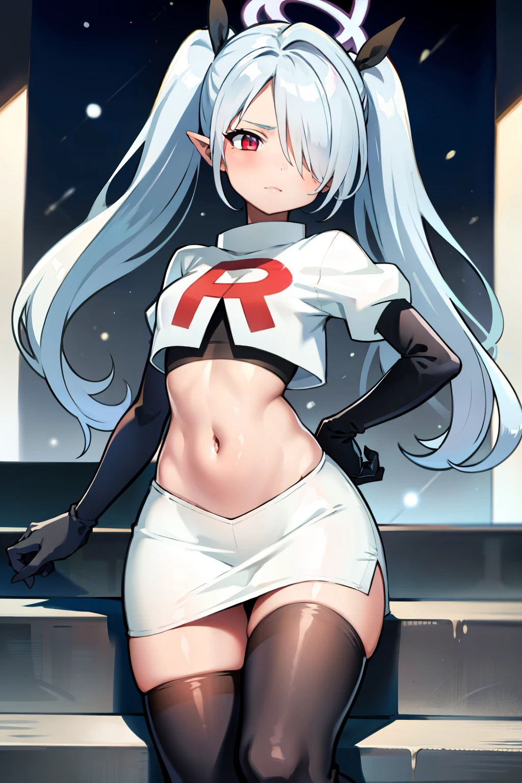 (masterpiece), 1girl, hair over one eye,magical world, shiny steps, beautiful sky, stars, jupiter, ioridef, team rocket,team rocket uniform,white skirt,crop top,black thigh-highs,black elbow gloves,