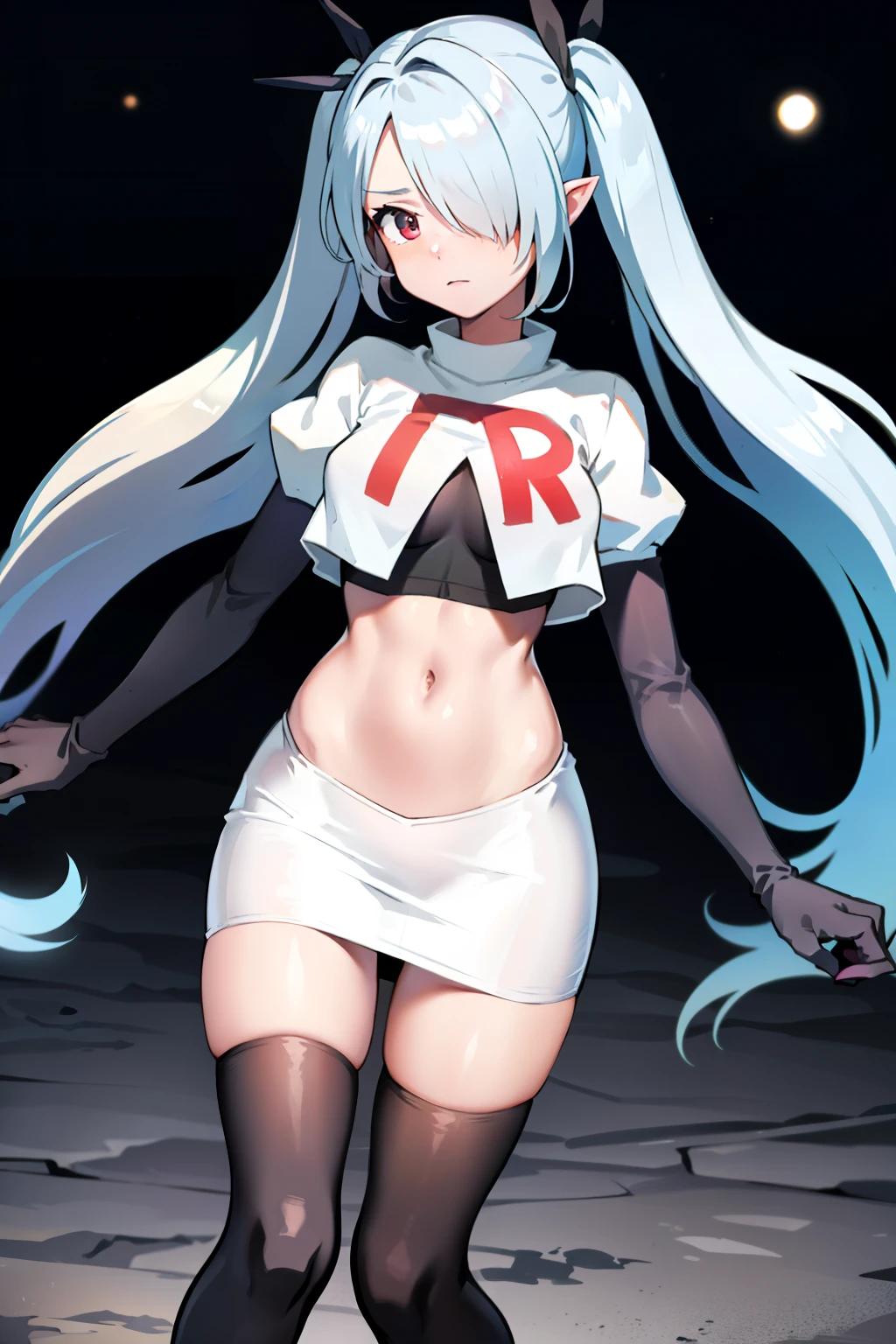 (masterpiece), 1girl, hair over one eye,magical world, shiny steps, beautiful sky, stars, jupiter, ioridef, team rocket,team rocket uniform,white skirt,crop top,black thigh-highs,black elbow gloves,