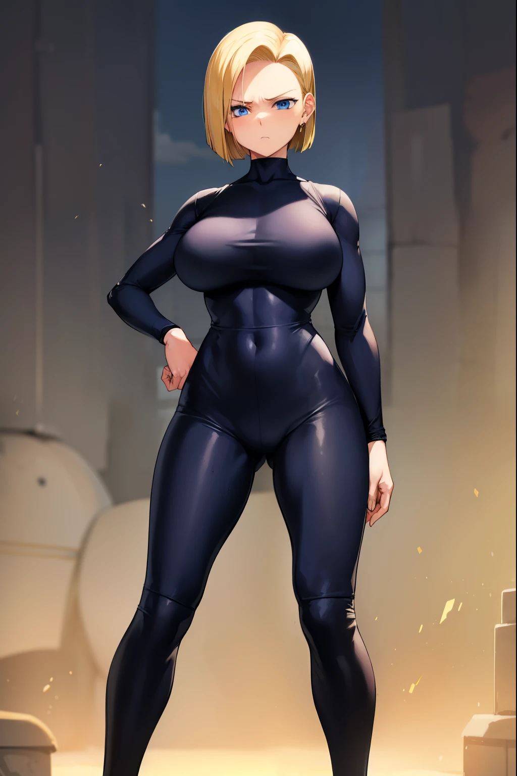 highest quality, High resolution, whole body,AND18, 1 girl, android 18, alone, golden hair, blue eyes, short hair,earrings,big breasts, frown,troubled face, Sweat,1 girl, Black tight suit, streak,looking at the viewer,