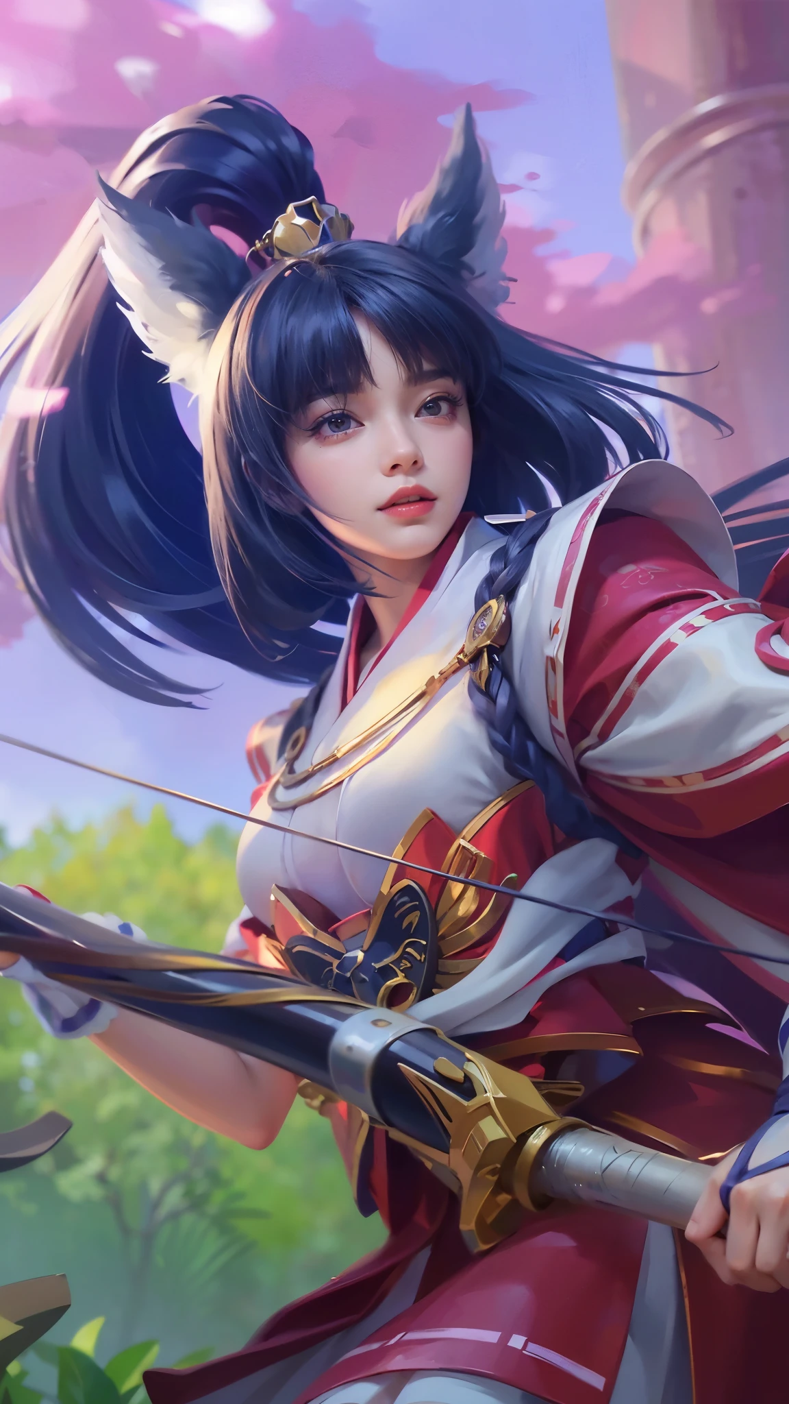 Masterpiece, best picture quality, high quality, beautiful woman, detailed, swollen eyes, detailed eyes, detailed skin, beautiful skin, ultra high resolution, (reality: 1.4),very beautiful, slightly younger face, beautiful skin, slender, (ultra realistic), (illustration), (high resolution), (8K), (very detailed) (best illustration), (beautifully detailed eyes), (super detailed), (wallpaper), (detailed face), looking at viewer, fine details, detailed face, pureerosfaceace_v1, smiling, looking straight ahead, looking straight ahead, angle from waist up, realistic photo, bright lighting, professional lighting, black hair (some of hair part green), long hair, dark ruins, big red moon, gorgeous red and black dress, woman, long stylish bangs,