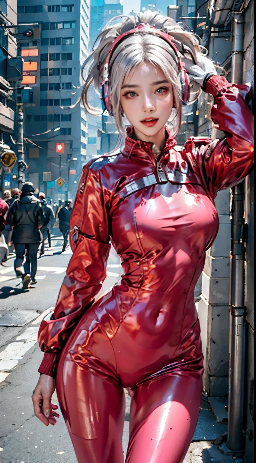 photorealistic, high resolution, 1women, shining skin, solo, jewelry, pink lips, long hair, blue eyes, closed mouth, hips up, animal ear headphones, arms at sides, on bangs, blush, bodysuit, breasts, spreading legs, bunny pose, clothes writing, covered navel, cowboy shot, cropped jacket, gloves, (((cyberpunk city streets background))), (motion blur, depth of field), hair intakes, headphones, impossible bodysuit, impossible clothes, jacket, large breasts, latex, latex bodysuit, long hair, long sleeves, looking at viewer, large breasts, multicolored gloves, open mouth, pink bodysuit, pink eyes, red jacket, shiny clothes, shrug \(clothing\), sidelocks, skin tight, smile, thigh gap, thighs, twintails, very long hair, white gloves, white hair,alice \(nikke\),(shiny skin),realistic.