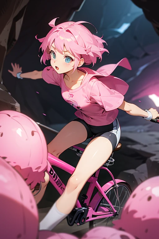 cute anime girl rides a bicycle, in running shorts, short shorts, Cave covered with pink raspberry groups,