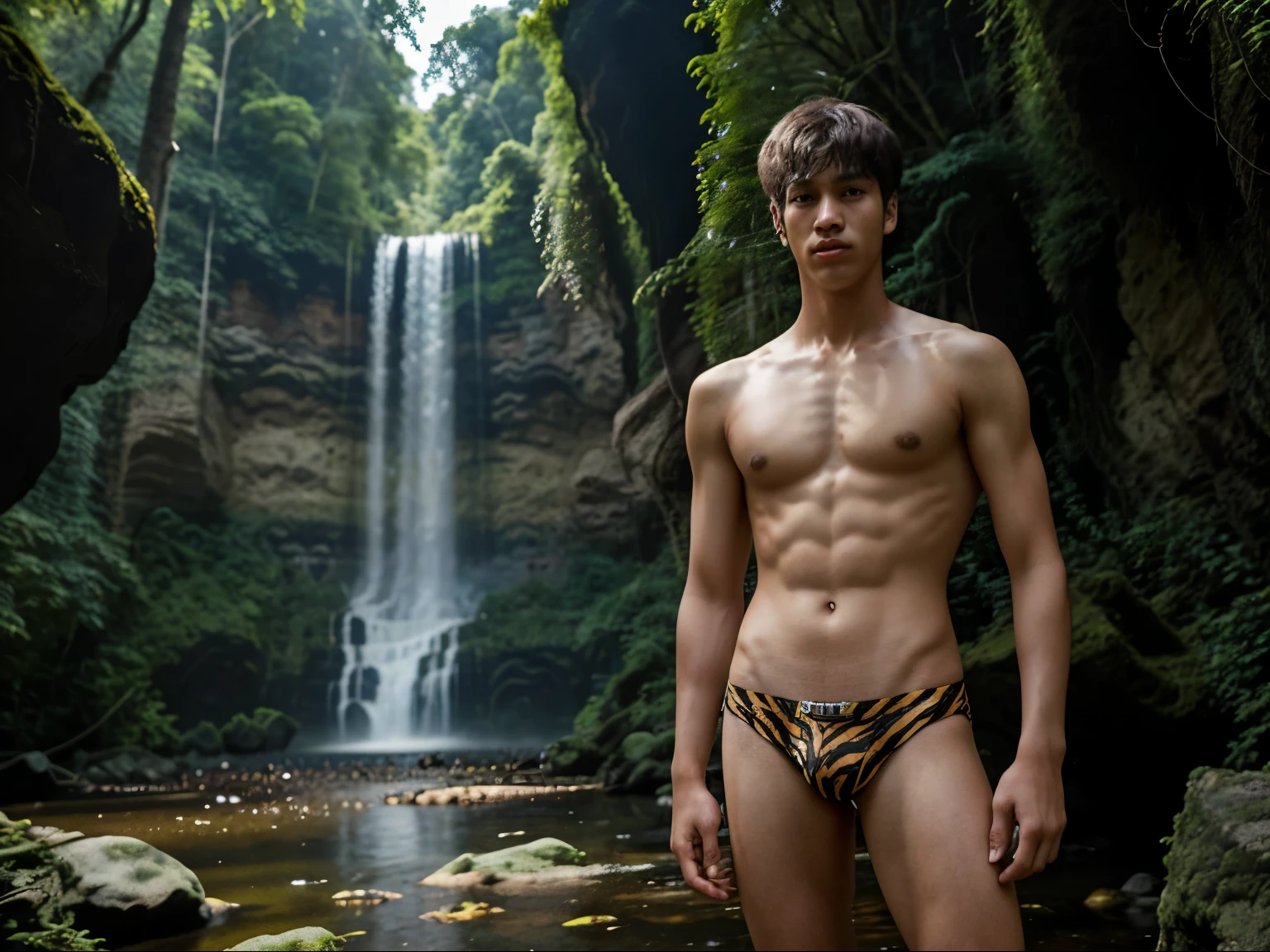 age boy ,Thai person, ,handsome, Wear tiger print underwear , Slim figure , No muscles. , ,No muscles. ,lean skinny, Stand and see the whole thing. , There is a waterfall., There are trees.