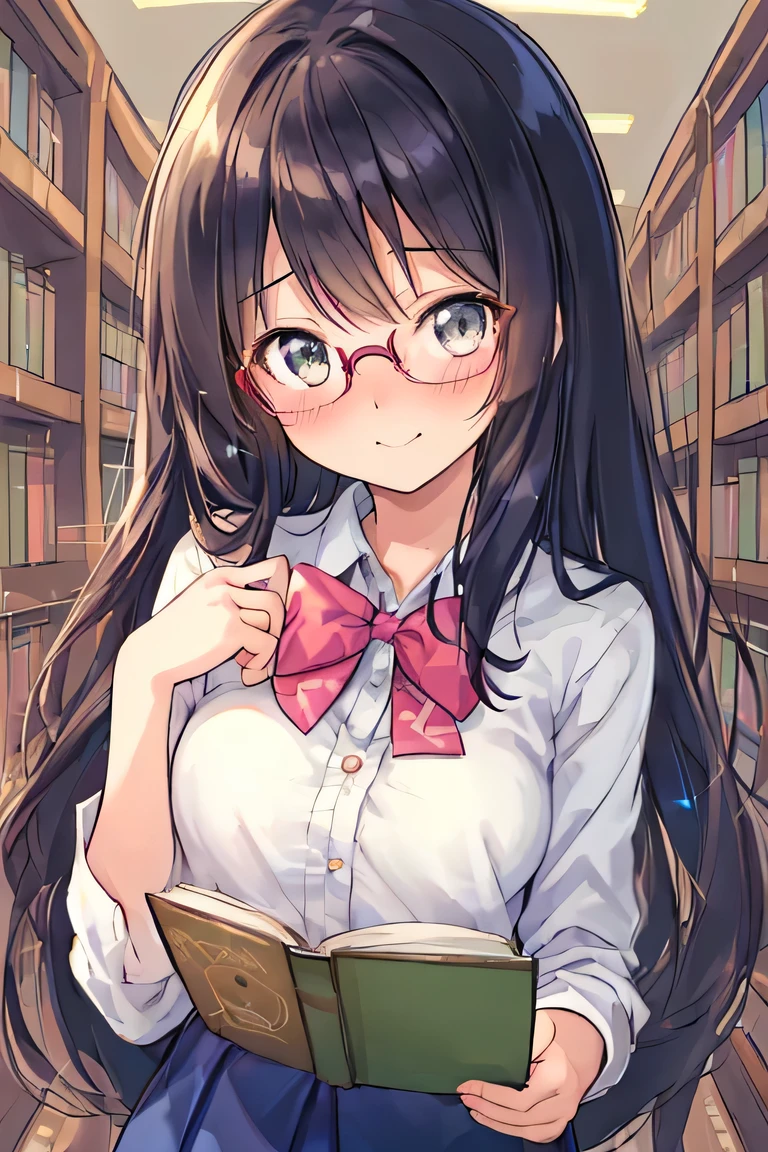 ((masterpiece)), ((highest quality)), (super detailed), (cute), figure, anime style, Upper body, in the middle, Upper body focus, 1 girl, cute girl, figure書館, Are standing, cute, (beautiful eyes), beautiful straight long hair, dark blown hair, slim, thin, small breasts, surprised, Glasses, figure書館 scene, (reach out your hand), Touching hands, embarrassing, shy, bookshelf, ((awkward encounter)), Blazer Uniform, I'm hesitant, comminicate, fiction reading, gentle smile, shine, blush, Torn.
