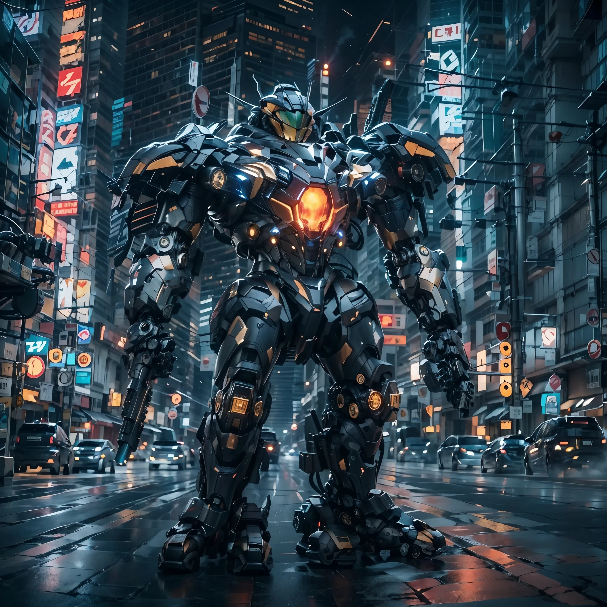 best quality,masterpiece,16k,Giant mecha,Vital Suits,building,Locomotive tire structure feet,car,city,city lights,cityscape,cyberpunk,destruction,Super complex mechanical structure,full body,Black mecha,Multi light source mecha,Complex mecha structure,Luminous mecha,ground vehicle,gun,mecha,road,science fiction,skyscraper,street,traffic light,weapon