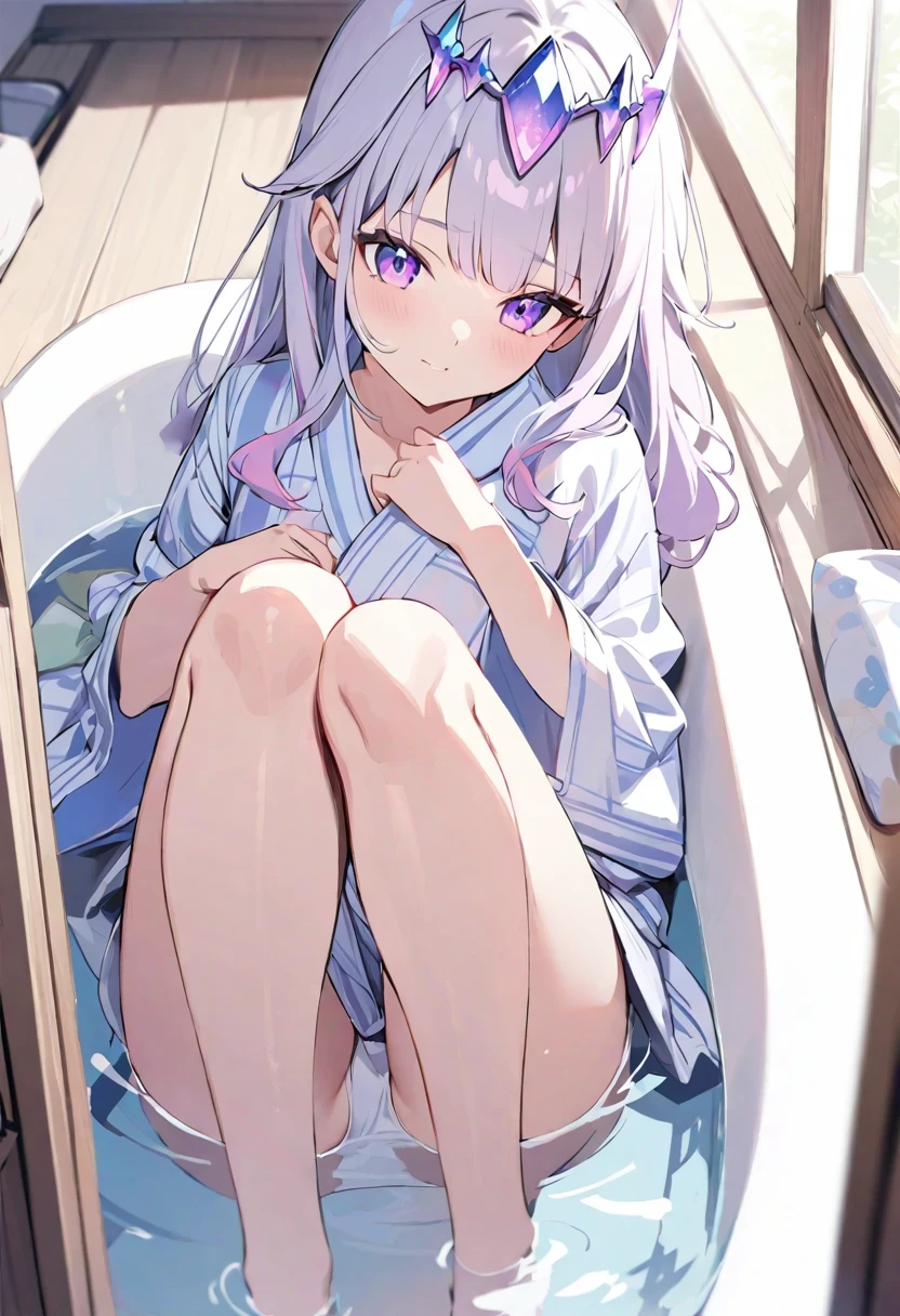 ancient stone jewelry/(Holographic live broadcast/), 1 White-haired girl wearing a yukata lying in the bathtub, facial details, heads up display, charming, pretty face, bare legs, best quality, complex background, bathroom, sunlight from the window shining into the bathroom, soda water, reflection of light and shadow,