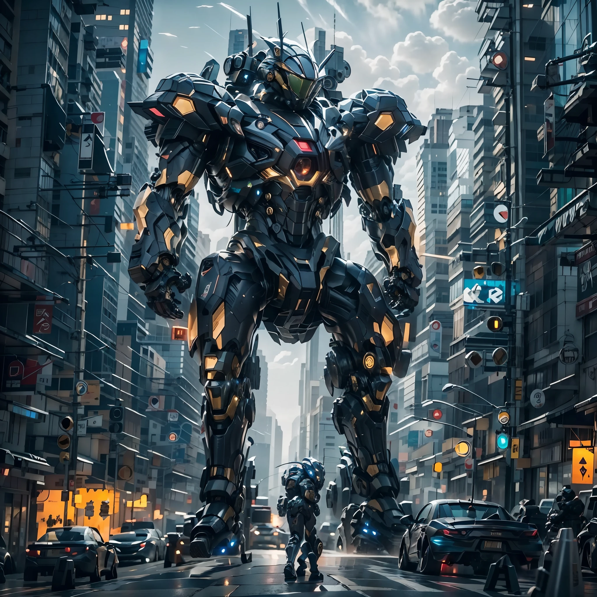 best quality，masterpiece，16k，Giant mecha,Vital Suits,building,Locomotive tire structure feet,car,city,city lights,cityscape,cyberpunk,destruction,Super complex mechanical structure,full body,Black mecha,Multi light source mecha,Complex mecha structure,Luminous mecha,ground vehicle,gun,mecha,road,science fiction,skyscraper,street,traffic light,weapon