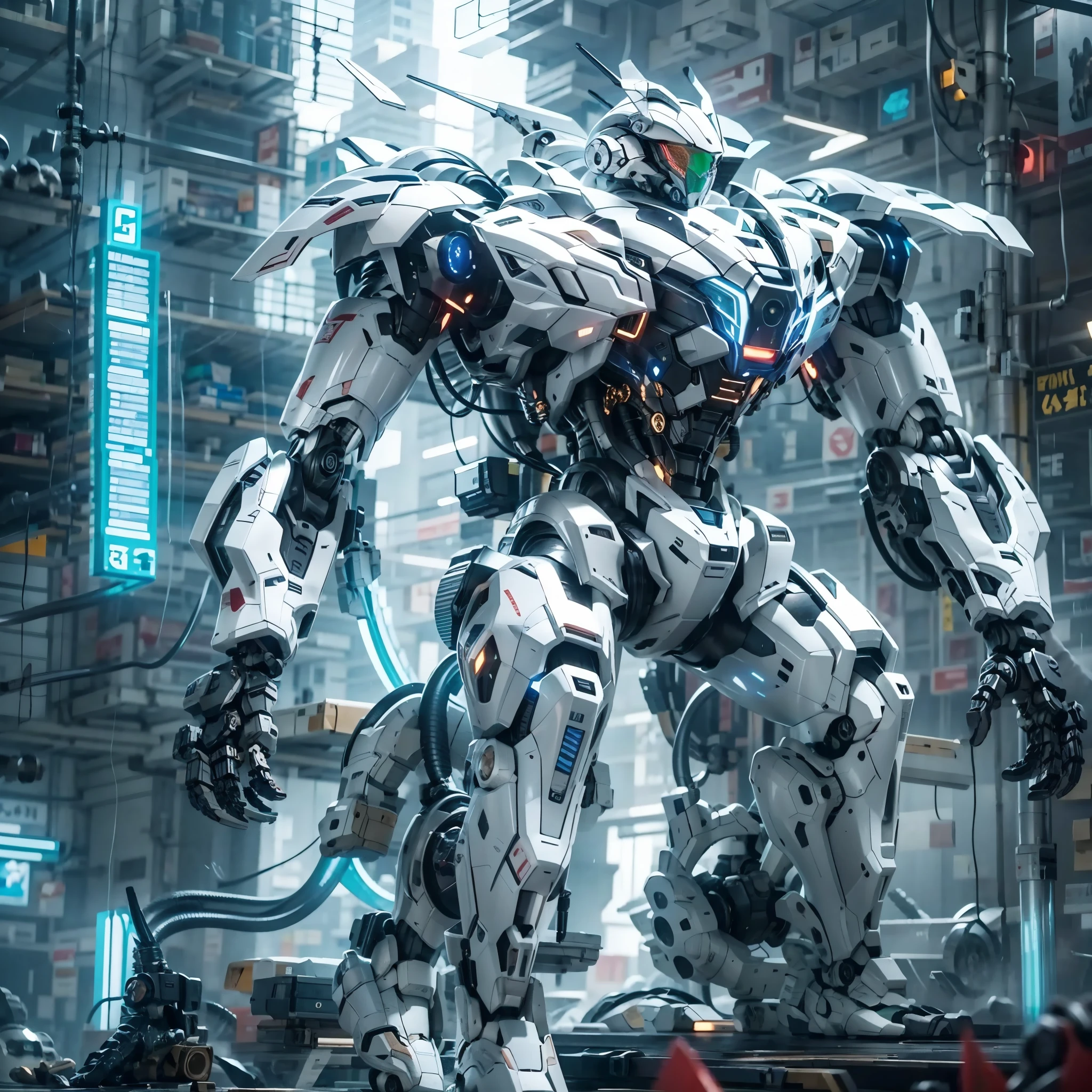 best quality，masterpiece，16k，glowing,glowing eyes,machinery,Super complex mechanical structure,Luminous mecha,Multi light source mecha,Alien mecha,full body,Luminous,Complex mecha structure,indoor,White mecha,mecha,no humans,open hand,realistic,robot,science fiction,variable fighter