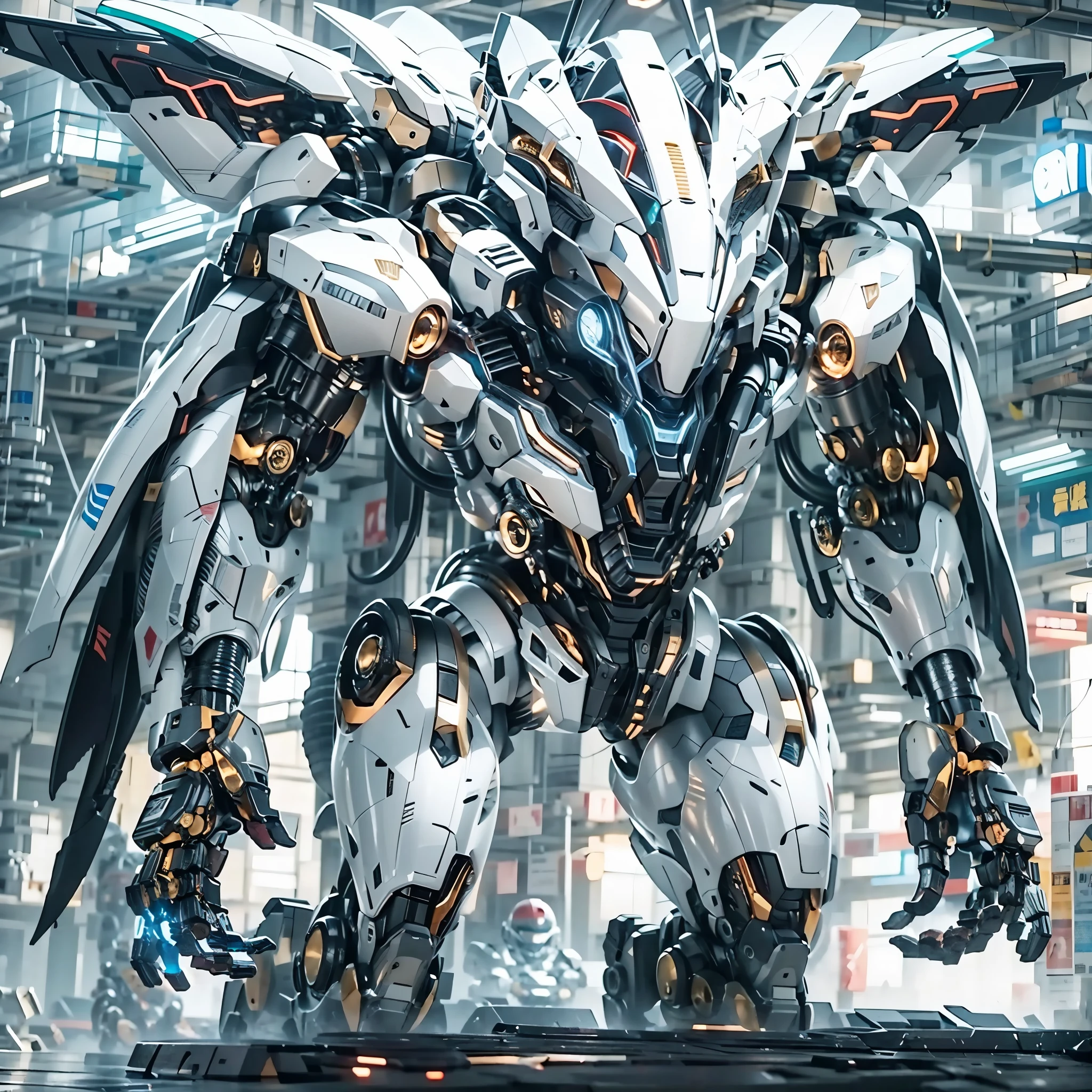 best quality，masterpiece，16k，glowing,glowing eyes,machinery,Super complex mechanical structure,Luminous mecha,Multi light source mecha,Alien mecha,full body,Luminous,Complex mecha structure,indoor,White mecha,mecha,no humans,open hand,realistic,robot,science fiction,variable fighter