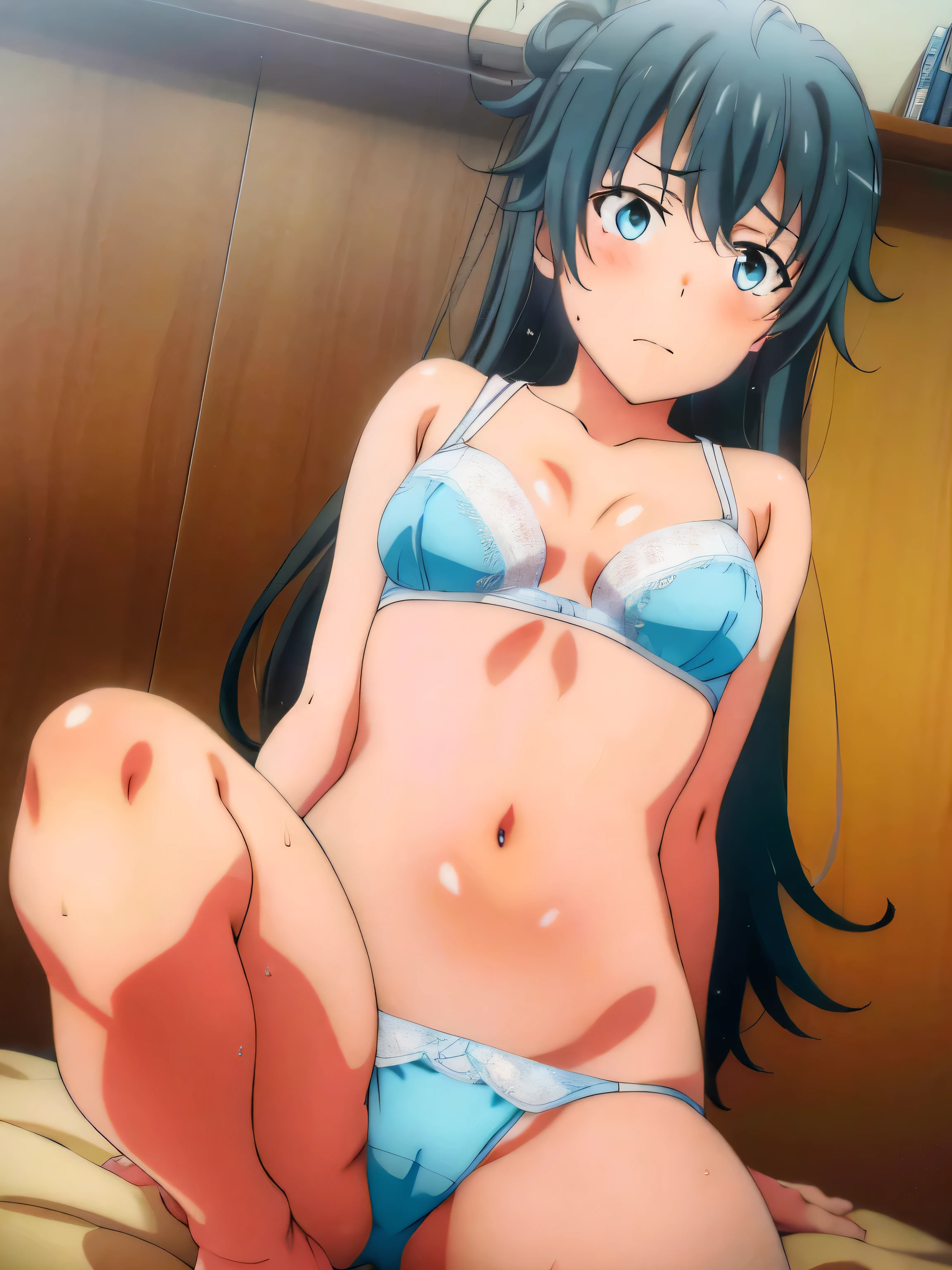 1 girl,(bed),(yukih0sita yukino),embarrassed face,,(sleep),Sweat,(embarrassed face),((touch pussy:1,5)),((nsfw:1.0)),feet,calf,(white bra),(((I'm going to fuck your pussy with my fingers:1.0)),Uterus,urethra ,((手でtouch pussy:1.0)),(White ruffled panties),