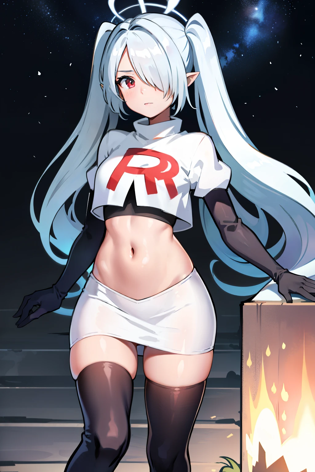 (masterpiece), 1girl, hair over one eye,magical world, shiny steps, beautiful sky, stars, jupiter, ioridef, team rocket,team rocket uniform,white skirt,crop top,black thigh-highs,black elbow gloves,