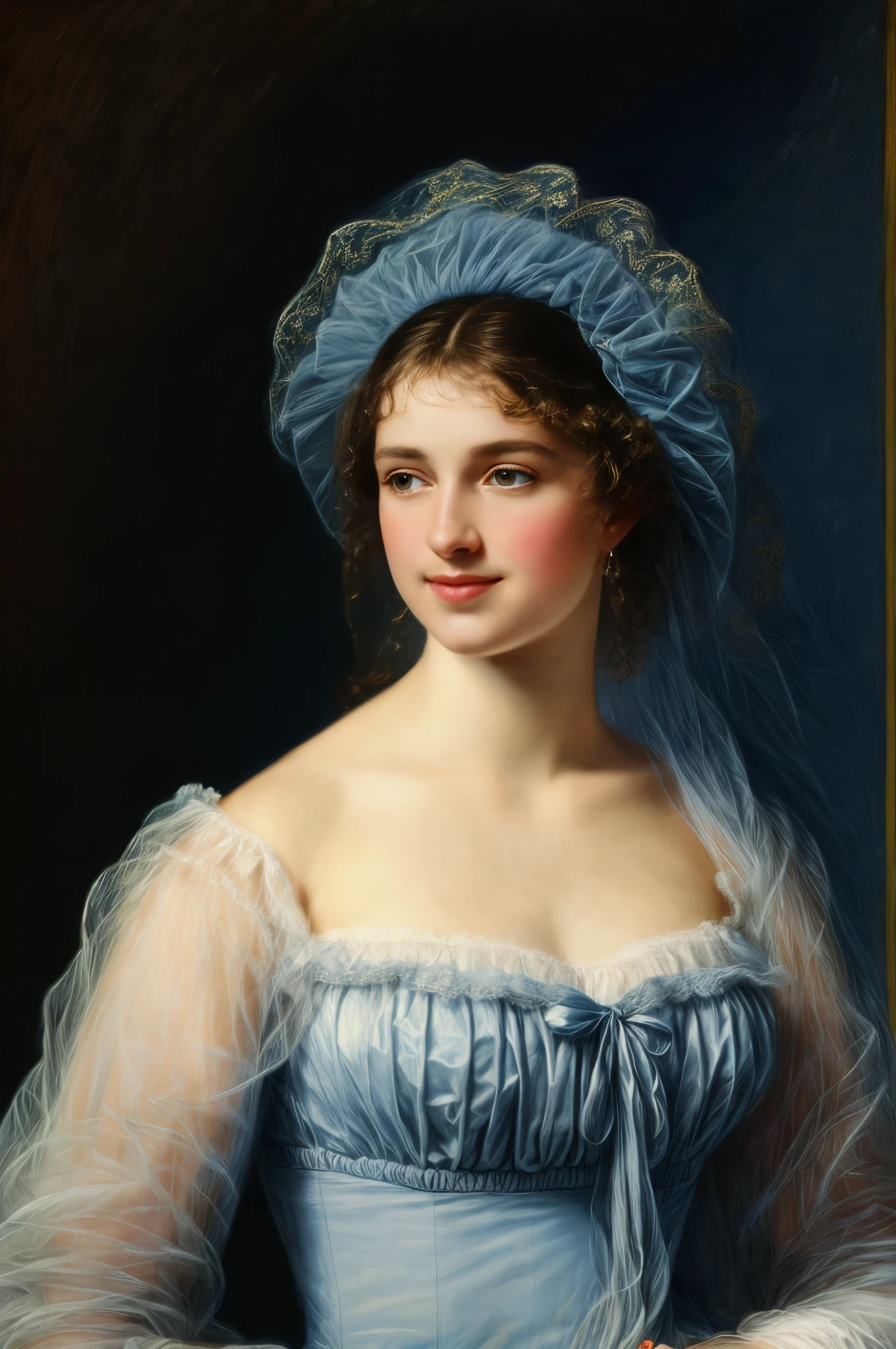 painting of a extremely gorgeous woman in a blue dress and a veil holding a rose, adelaide labille - guiard, inspired by Adélaïde Labille-Guiard, by Adélaïde Labille-Guiard, inspired by Élisabeth Vigée Le Brun, by Élisabeth Vigée Le Brun