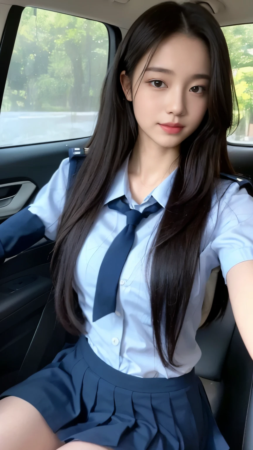 ((top quality, 8k, masterpiece: 1.3)), beauty, 1 girl, big: 1.3, (abs, slender figure: 1.1), dark brown hair, (wet body: 1.1), ultra detailed face, detailed lips, detailed eyes, double eyelids, mini skirt, ((JK uniform)), (school uniform), detailed police car interior, police car, passenger seat sitting, baton, handcuffs, embarrassed, blushing, on thighs, shy laughter, shirt with open front, uniform with open front, unbuttoned shirt, angel window