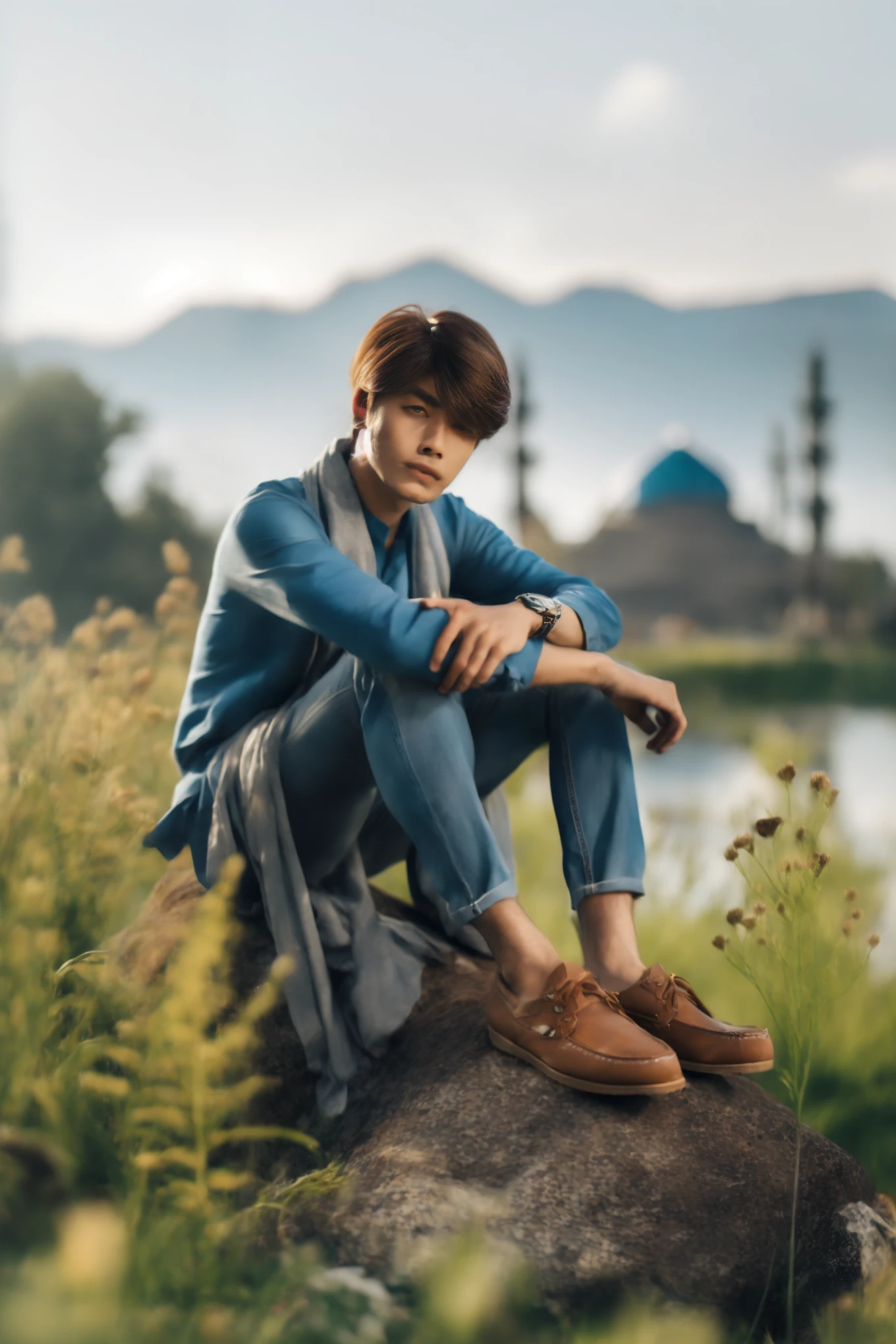 arafed asian man sitting on a rock in a field, casual photography, high quality portrait, casual pose, male ulzzang, jung jaehyun, mid shot portrait, modeling photography, sitting on a rock, photoshoot, cinematic outfit photo, portrait shot, character photography, beautiful androgynous prince, south korean male, realistic photography, sitting on the ground