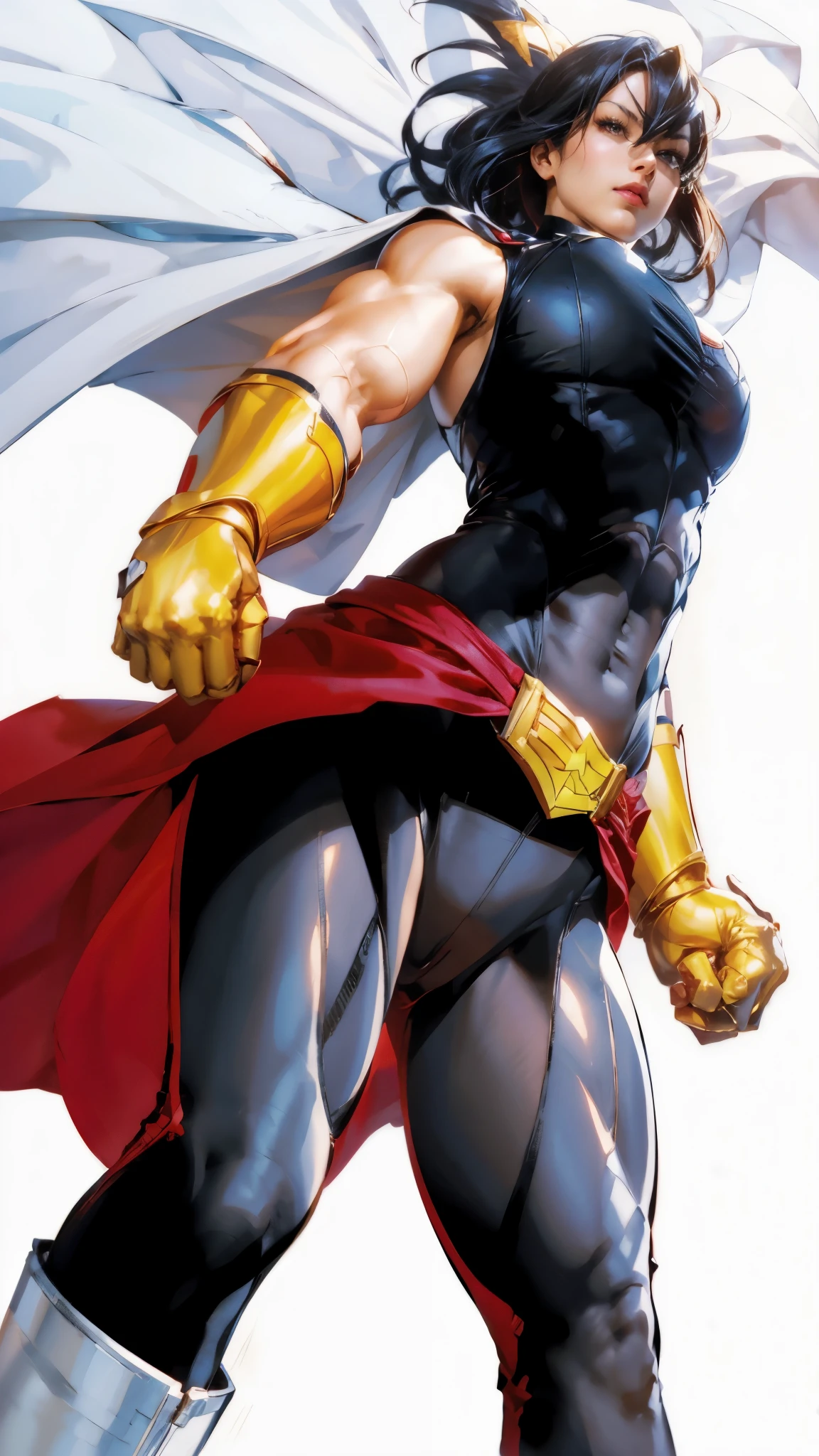 a close up of a woman in a black and red outfit, power girl, superhero body, comic book character, full body close-up shot, krenz cushart and artgerm, heroic masculine pose, portrait of modern darna, superhero, with cape, textless, portrait of a female anime hero, inspired by Ryan Stegman