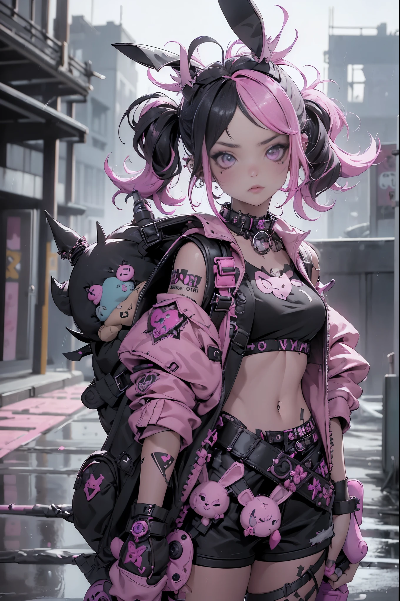 (highest quality、8k、32K、masterpiece、nffsw:1.3)、(Photoreal:1.4),(shoot from front,looking at viewer:1.5)、((18-year-old punk girl,eccentric punk hair:1.3)),((pink and black punk fashion:1.5)),(rabbit stuffed animal:1.5)clothes with studs、((holding a bloody bat in his right hand:1.5))、((black backpack on the back))、（bright black and pink hair:1.5）,Wacky makeup、、dark background、Desolate city in the rain、puddle on the road、(cinematic lighting)、Depth of the bounds written,blurred background、