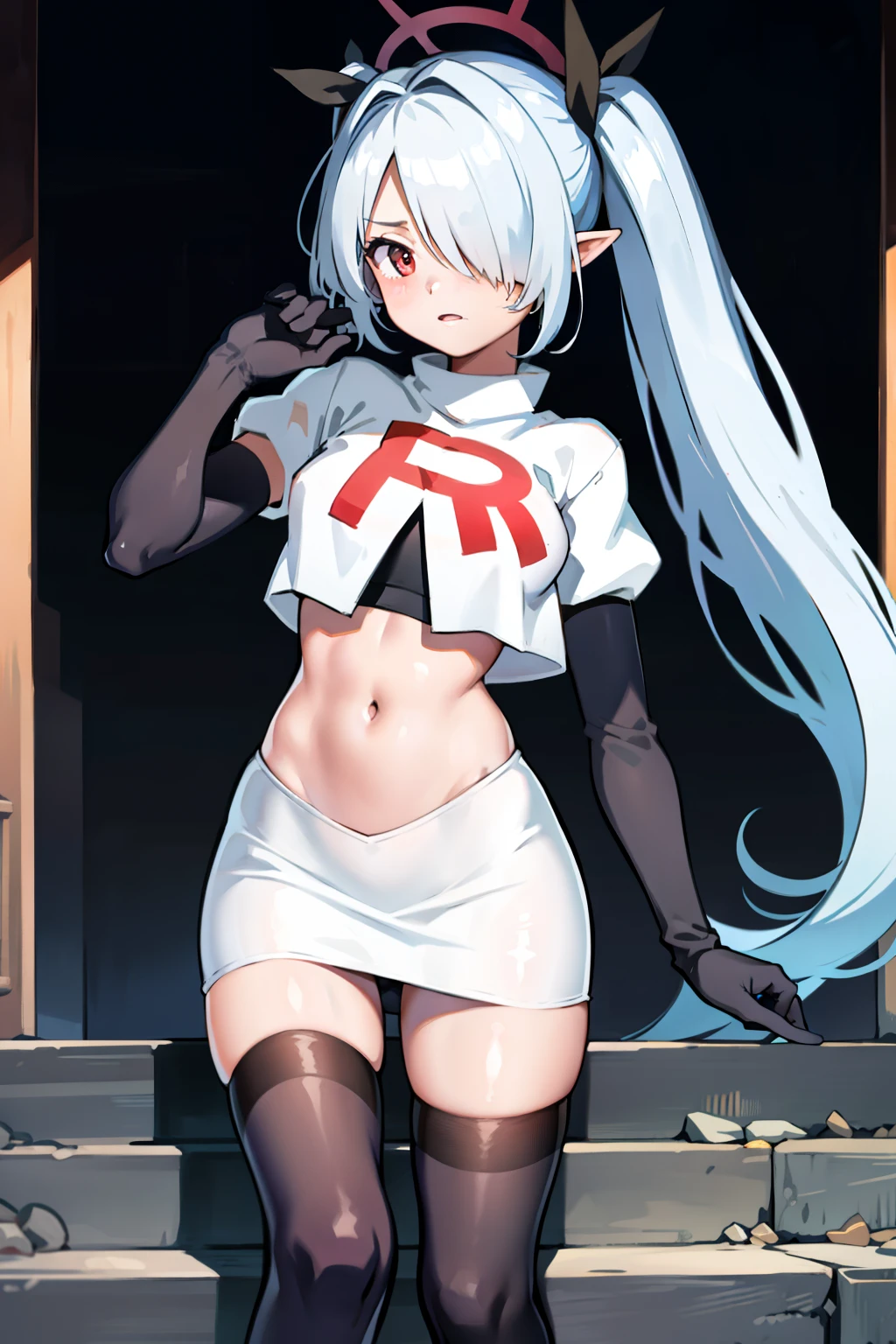 (masterpiece), 1girl, hair over one eye,magical world, shiny steps, beautiful sky, stars, jupiter, ioridef, team rocket,team rocket uniform,white skirt,crop top,black thigh-highs,black elbow gloves,