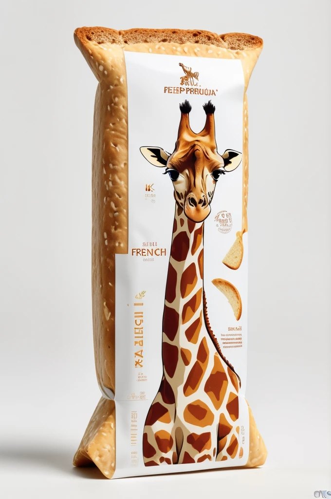 Modern packaging design, French bread Slice product packaging, giraffe eat French bread illustration, simple white background, HD resolution, simple style, actual, Natural light, Glossy packaging, (best quality, masterpiece, Representative work, official art, Professional, 8k, Ultra intricate detailed:1.3)