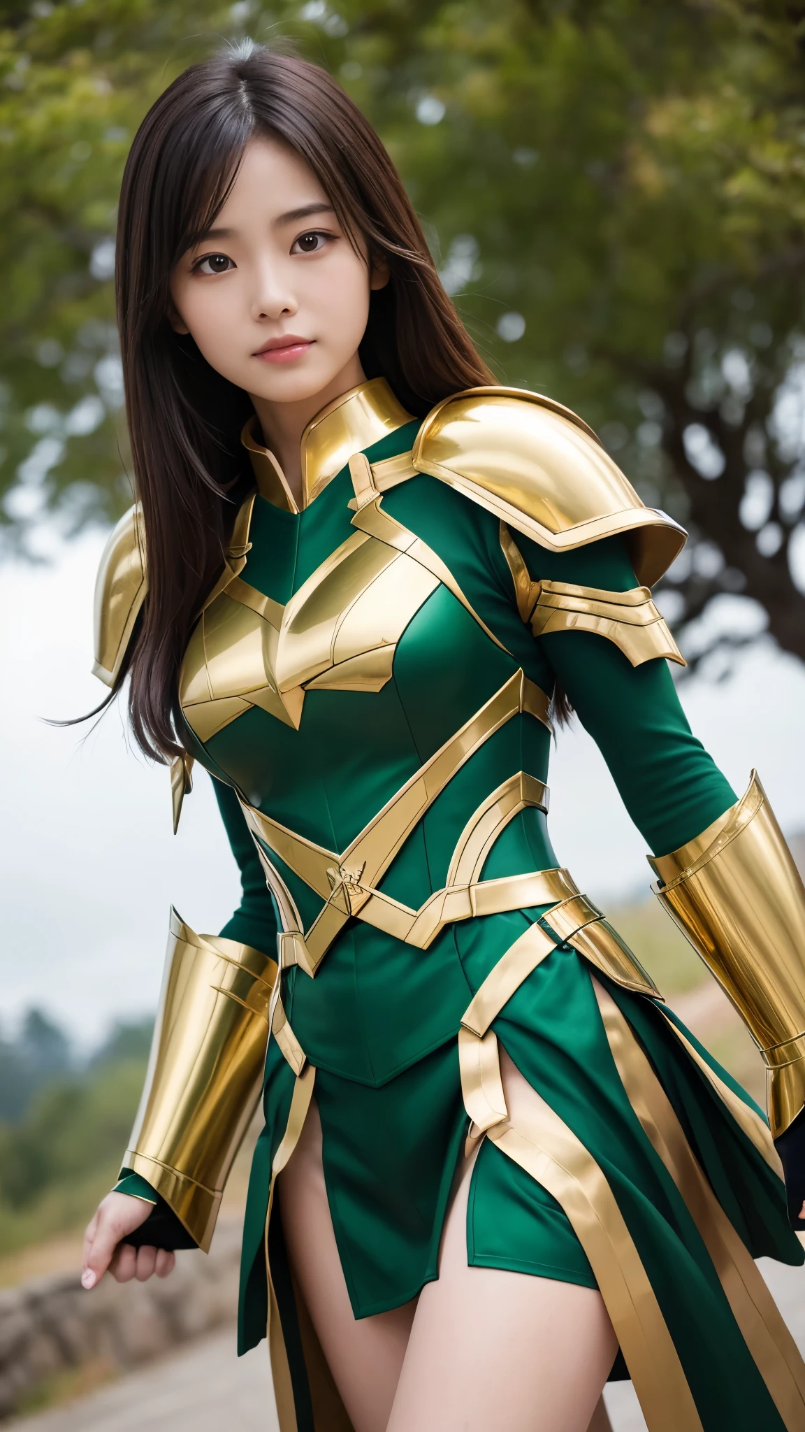 masterpiece,highest quality,ultra high resolution),japanese woman, very beautiful girl, Naïve girl、perfect limbs、perfect anatomy、radiant beautiful skin、Moist eyes、brown shiny hair、Colors and landscapes of youth、Premonition of Love Green and Gold Uniform、 metallic Green armor, high quality costumes, brass armor coat, masterpiece衣装, Green armor, Avan Uniform, gilded black uniform, gold armor suit, quality commander, combat uniform, Embroidered uniform guard, gold obsidian armor, smooth gold armor