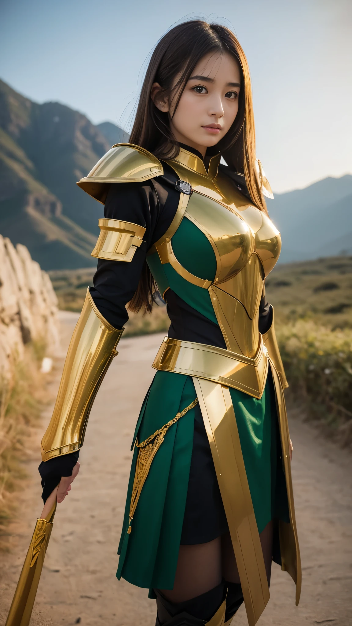 masterpiece,highest quality,ultra high resolution),japanese woman, very beautiful girl, Naïve girl、perfect limbs、perfect anatomy、radiant beautiful skin、Moist eyes、brown shiny hair、Colors and landscapes of youth、Premonition of Love Green and Gold Uniform、 metallic Green armor, high quality costumes, brass armor coat, masterpiece衣装, Green armor, Avan Uniform, gilded black uniform, gold armor suit, quality commander, combat uniform, Embroidered uniform guard, gold obsidian armor, smooth gold armor